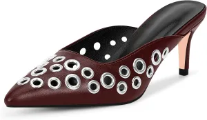 100FIXEO Women's Studded Metal Eyelet Perforated Pumps Stiletto High Heel Pointed Toe Mule Shoes