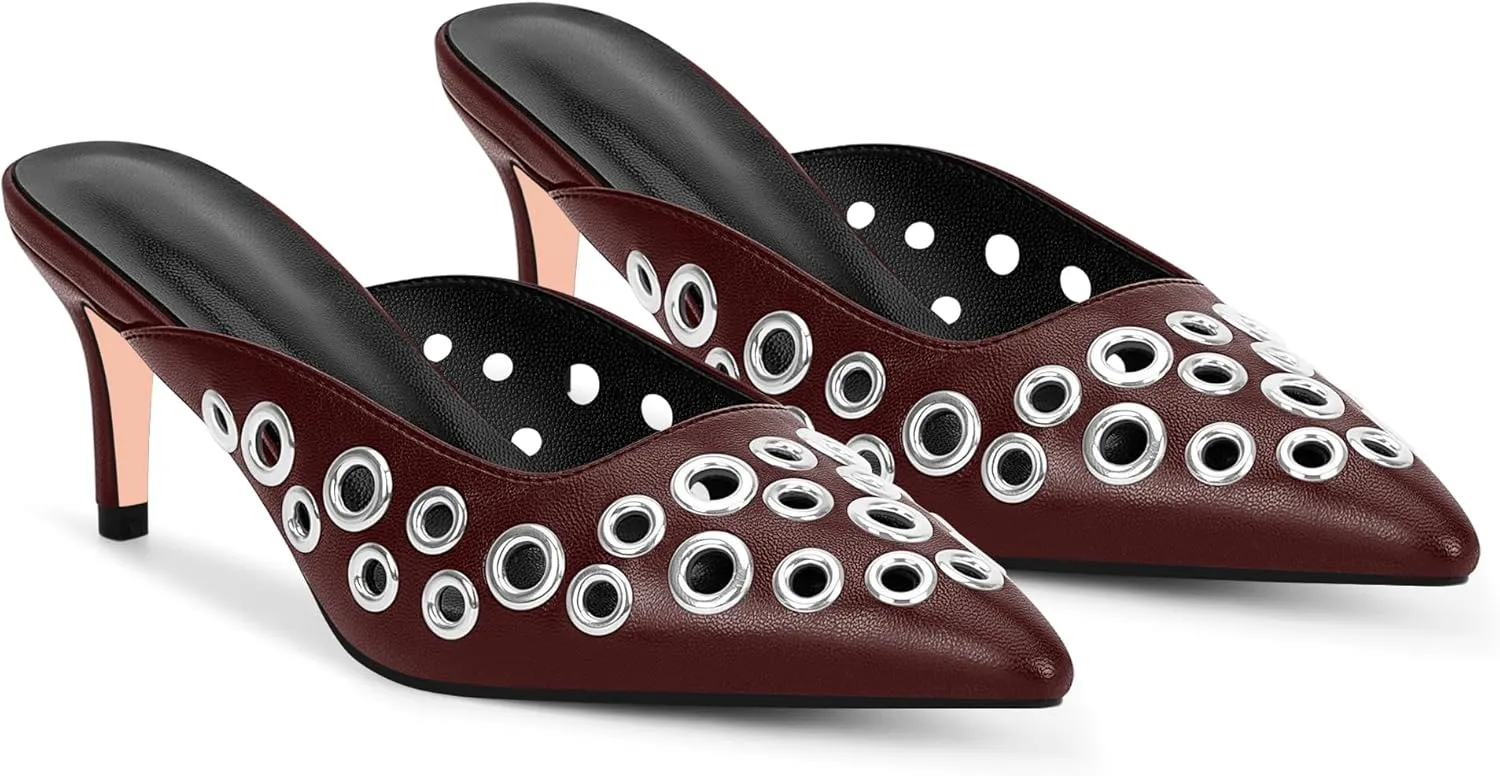 100FIXEO Women's Studded Metal Eyelet Perforated Pumps Stiletto High Heel Pointed Toe Mule Shoes