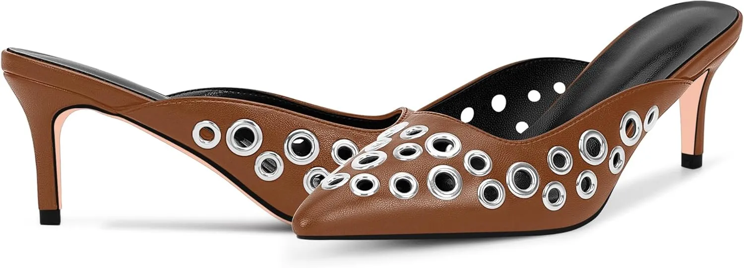 100FIXEO Women's Studded Metal Eyelet Perforated Pumps Stiletto High Heel Pointed Toe Mule Shoes