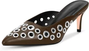 100FIXEO Women's Studded Metal Eyelet Perforated Pumps Stiletto High Heel Pointed Toe Mule Shoes