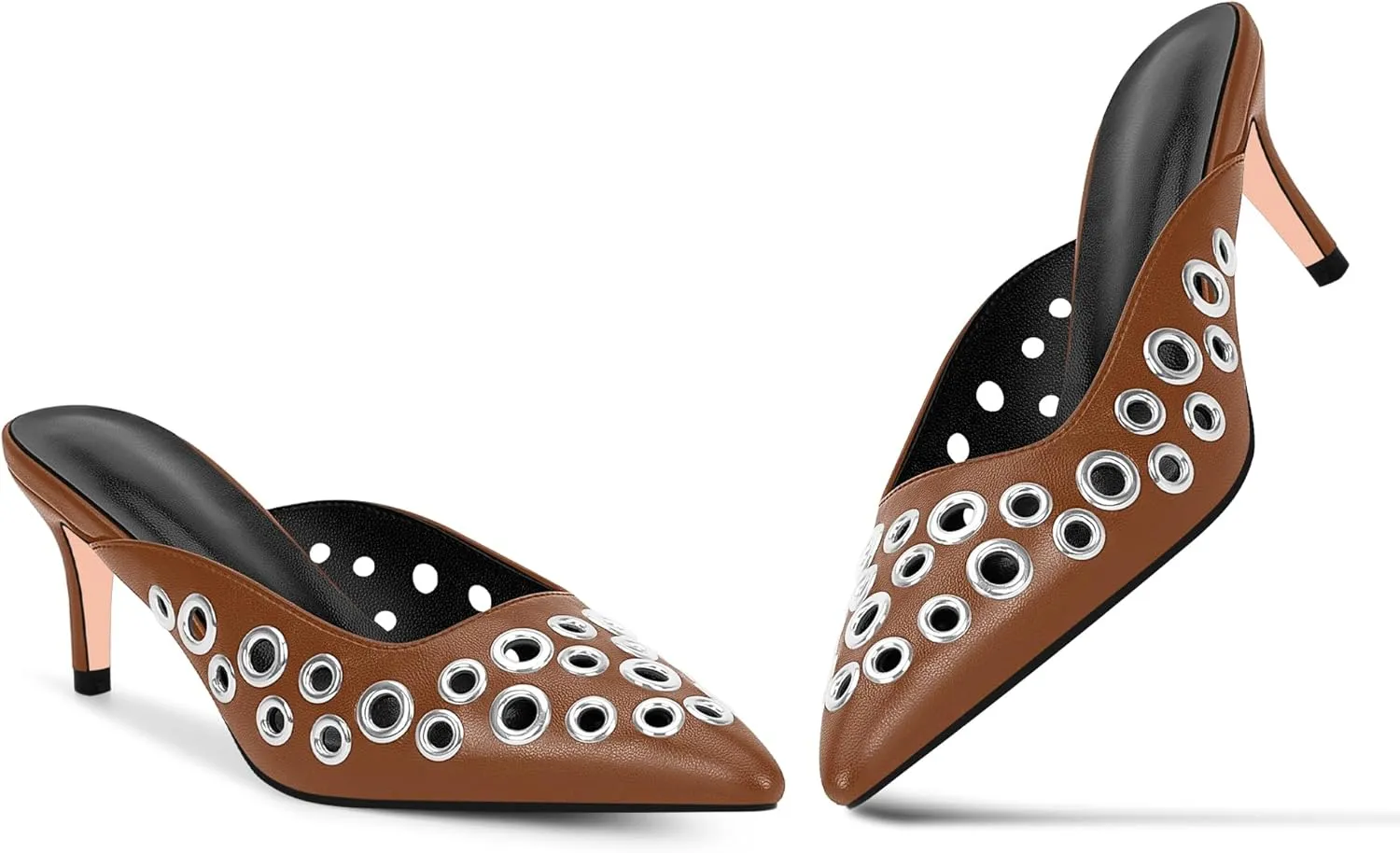 100FIXEO Women's Studded Metal Eyelet Perforated Pumps Stiletto High Heel Pointed Toe Mule Shoes