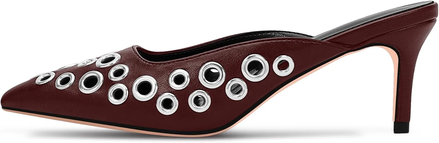100FIXEO Women's Studded Metal Eyelet Perforated Pumps Stiletto High Heel Pointed Toe Mule Shoes