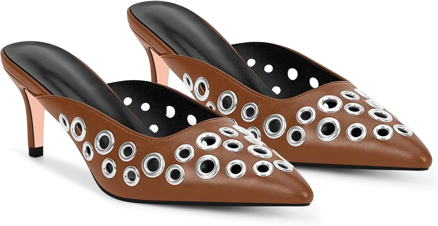 100FIXEO Women's Studded Metal Eyelet Perforated Pumps Stiletto High Heel Pointed Toe Mule Shoes
