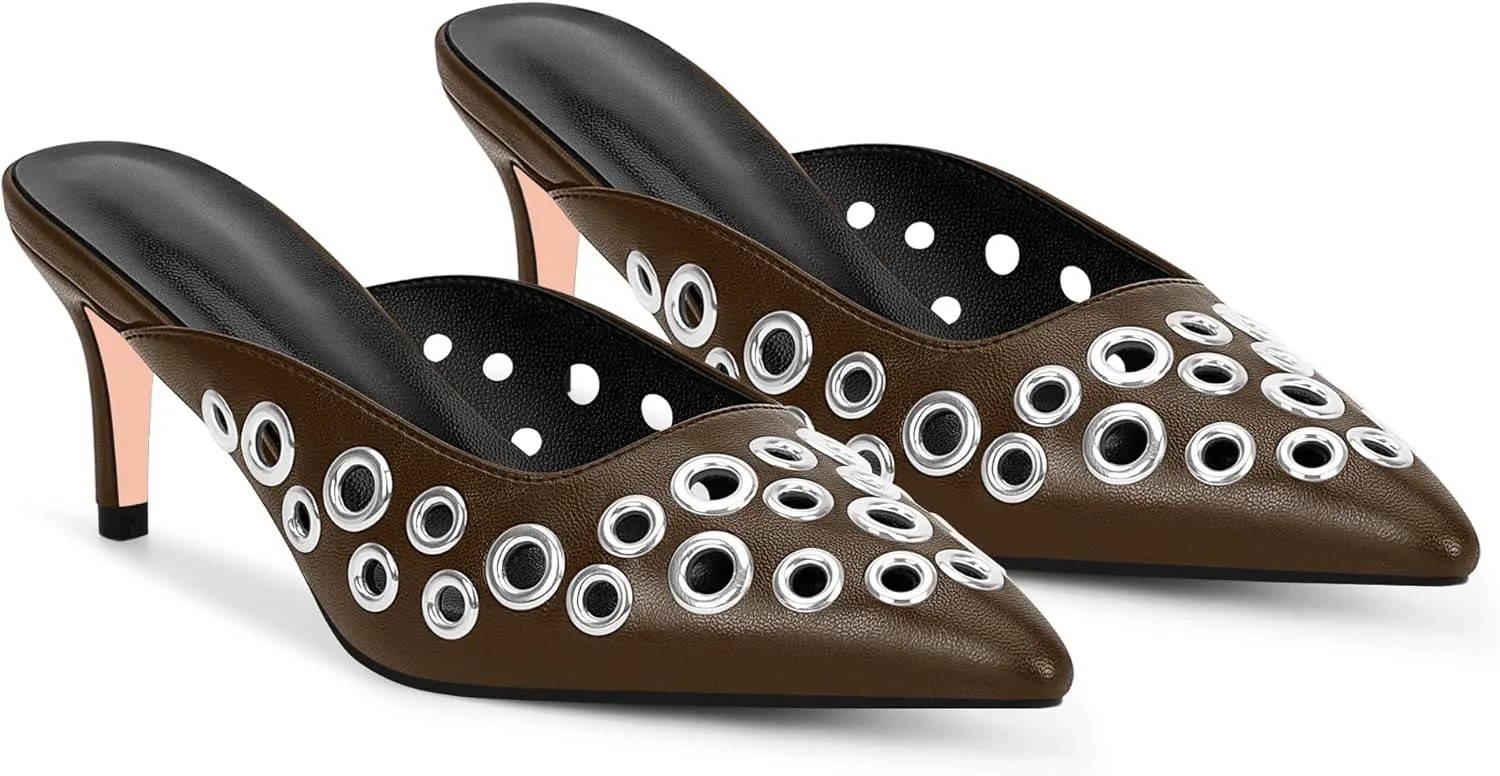 100FIXEO Women's Studded Metal Eyelet Perforated Pumps Stiletto High Heel Pointed Toe Mule Shoes