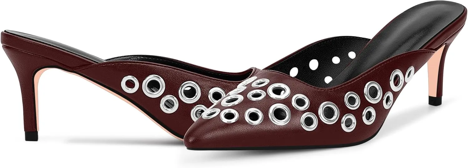100FIXEO Women's Studded Metal Eyelet Perforated Pumps Stiletto High Heel Pointed Toe Mule Shoes
