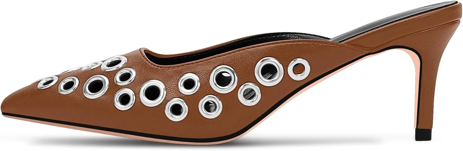 100FIXEO Women's Studded Metal Eyelet Perforated Pumps Stiletto High Heel Pointed Toe Mule Shoes