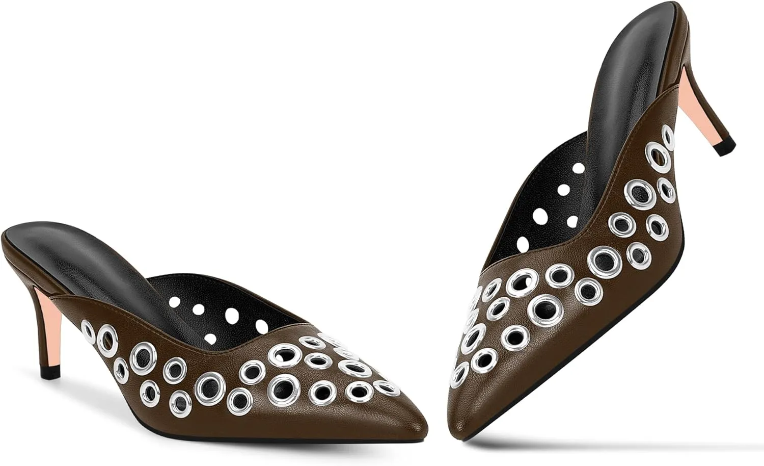 100FIXEO Women's Studded Metal Eyelet Perforated Pumps Stiletto High Heel Pointed Toe Mule Shoes