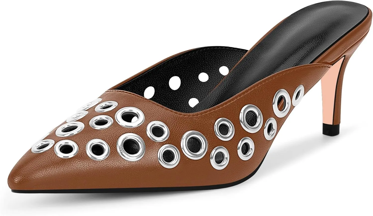 100FIXEO Women's Studded Metal Eyelet Perforated Pumps Stiletto High Heel Pointed Toe Mule Shoes