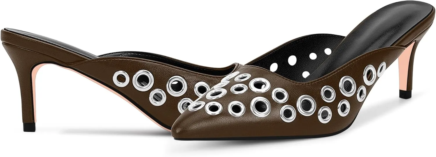 100FIXEO Women's Studded Metal Eyelet Perforated Pumps Stiletto High Heel Pointed Toe Mule Shoes