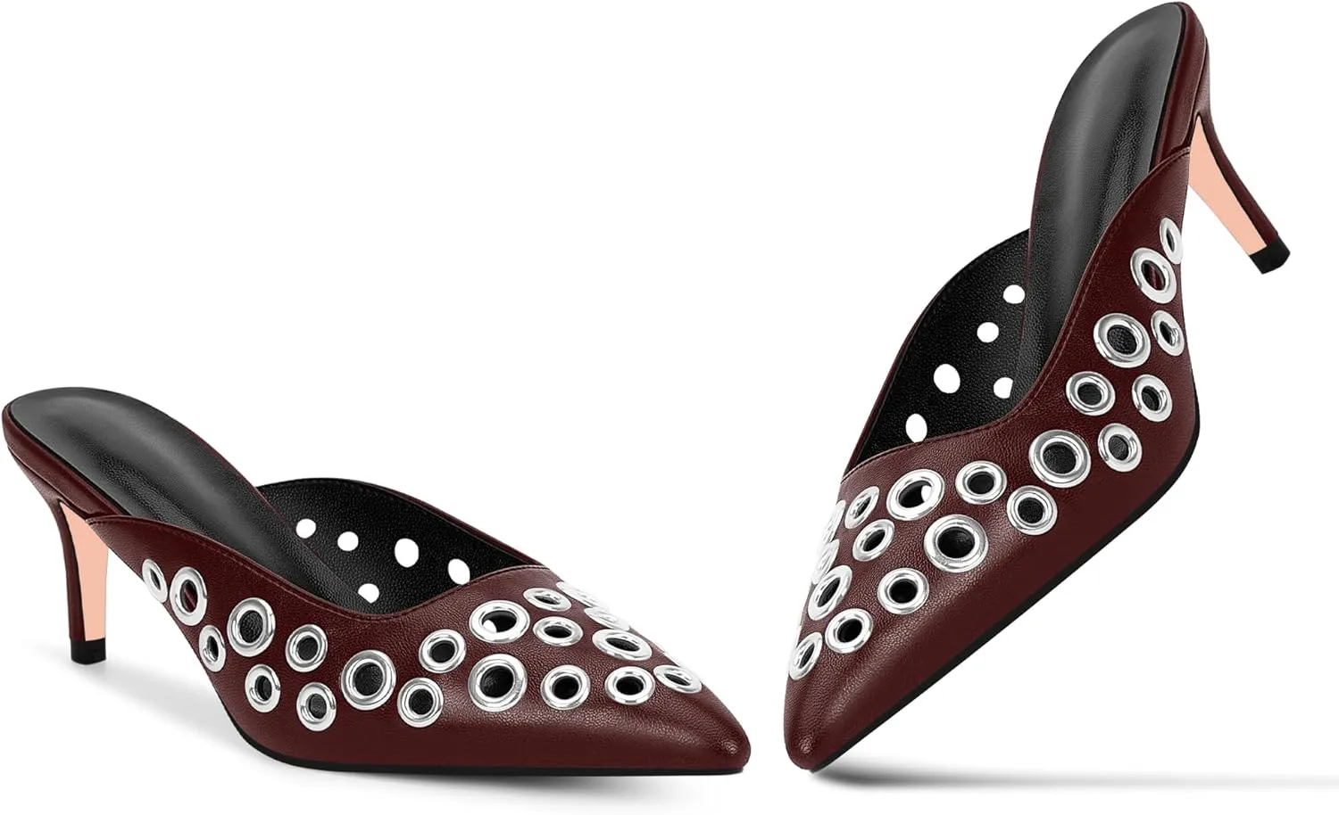 100FIXEO Women's Studded Metal Eyelet Perforated Pumps Stiletto High Heel Pointed Toe Mule Shoes