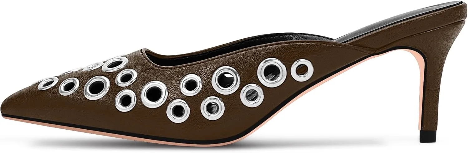 100FIXEO Women's Studded Metal Eyelet Perforated Pumps Stiletto High Heel Pointed Toe Mule Shoes