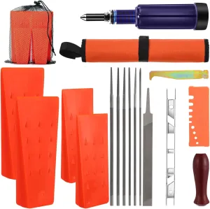 17 Pcs Chainsaw Chain Sharpening Kit Plastic Tree Felling Wedges with Spikes with Storage Bag, Chainsaw Grease Gun, 6 Sizes Round Chainsaw File for Wood, Tree Pruning, Loggers Fallers