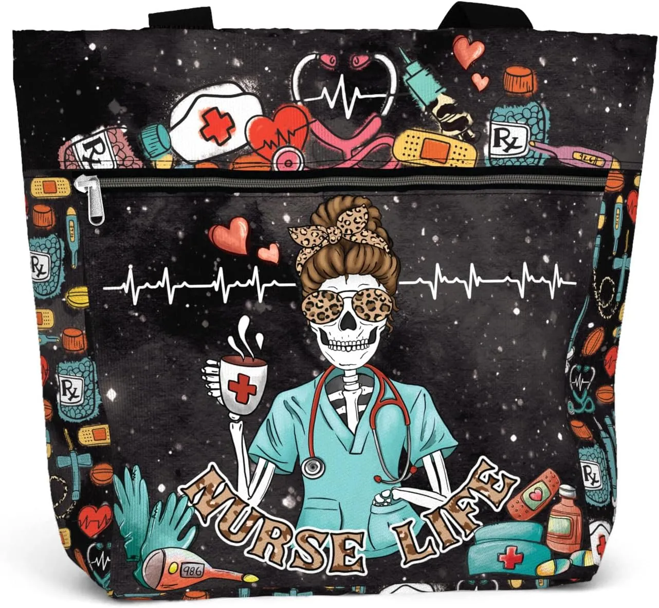 84hoods Large Waterproof Tote Bag with Pockets and Zipper for Work. Gift for Nurse. Shoulder Bag for Women.