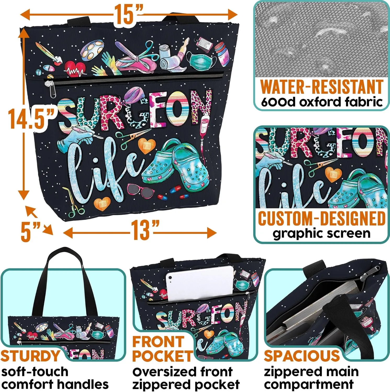 84hoods Large Waterproof Tote Bag with Pockets and Zipper for Work. Gift for Nurse. Shoulder Bag for Women.