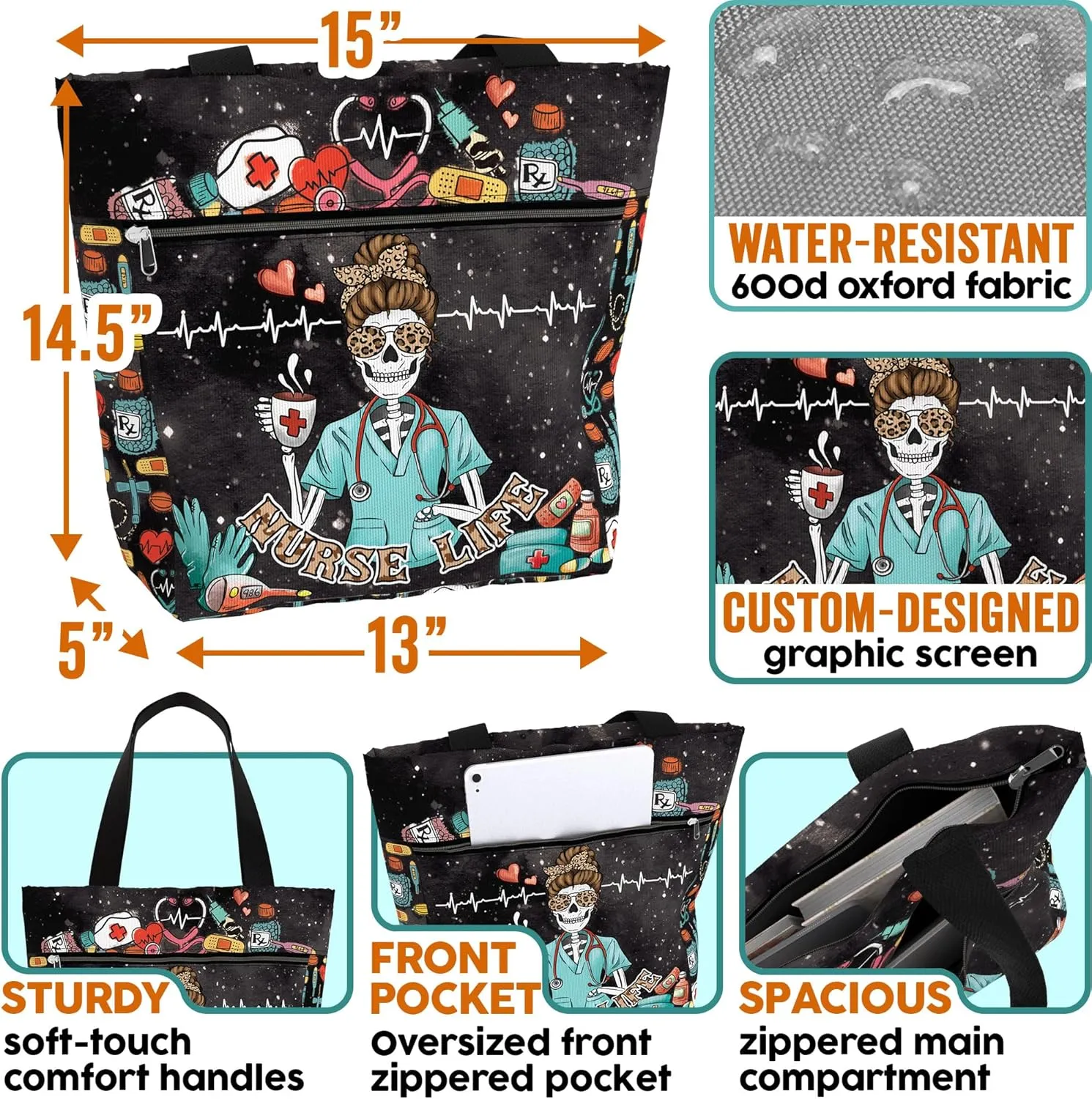 84hoods Large Waterproof Tote Bag with Pockets and Zipper for Work. Gift for Nurse. Shoulder Bag for Women.