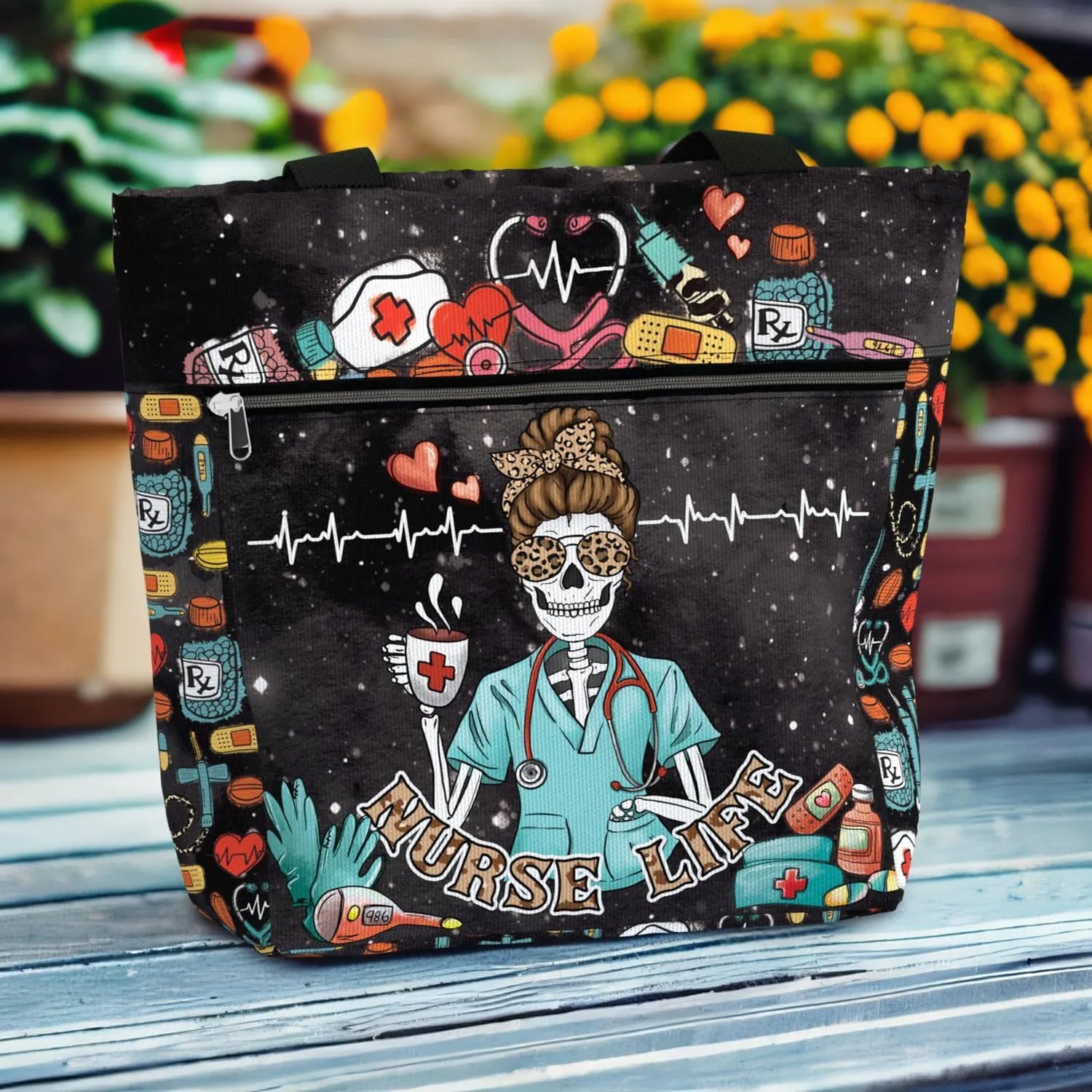 84hoods Large Waterproof Tote Bag with Pockets and Zipper for Work. Gift for Nurse. Shoulder Bag for Women.