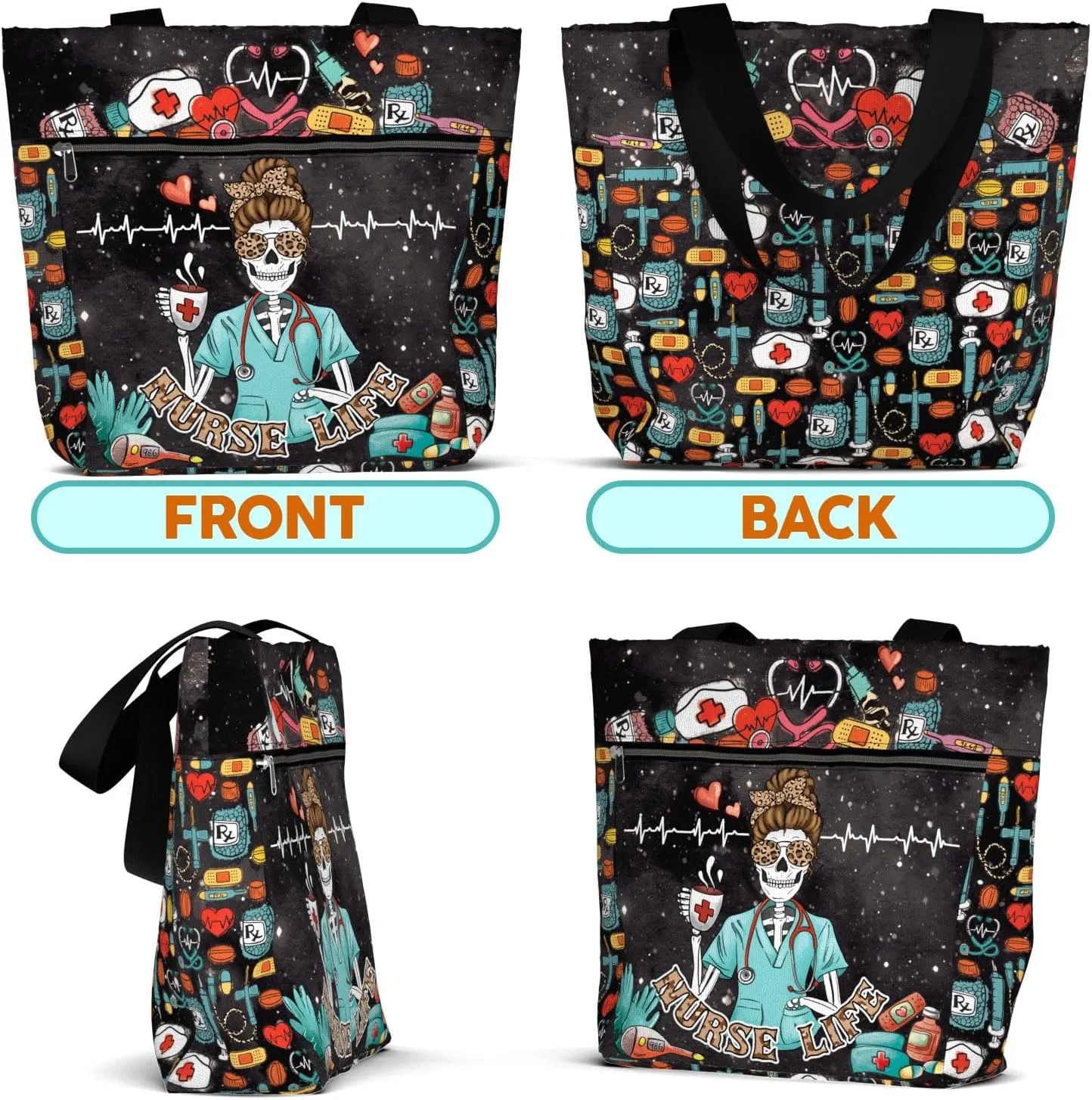 84hoods Large Waterproof Tote Bag with Pockets and Zipper for Work. Gift for Nurse. Shoulder Bag for Women.