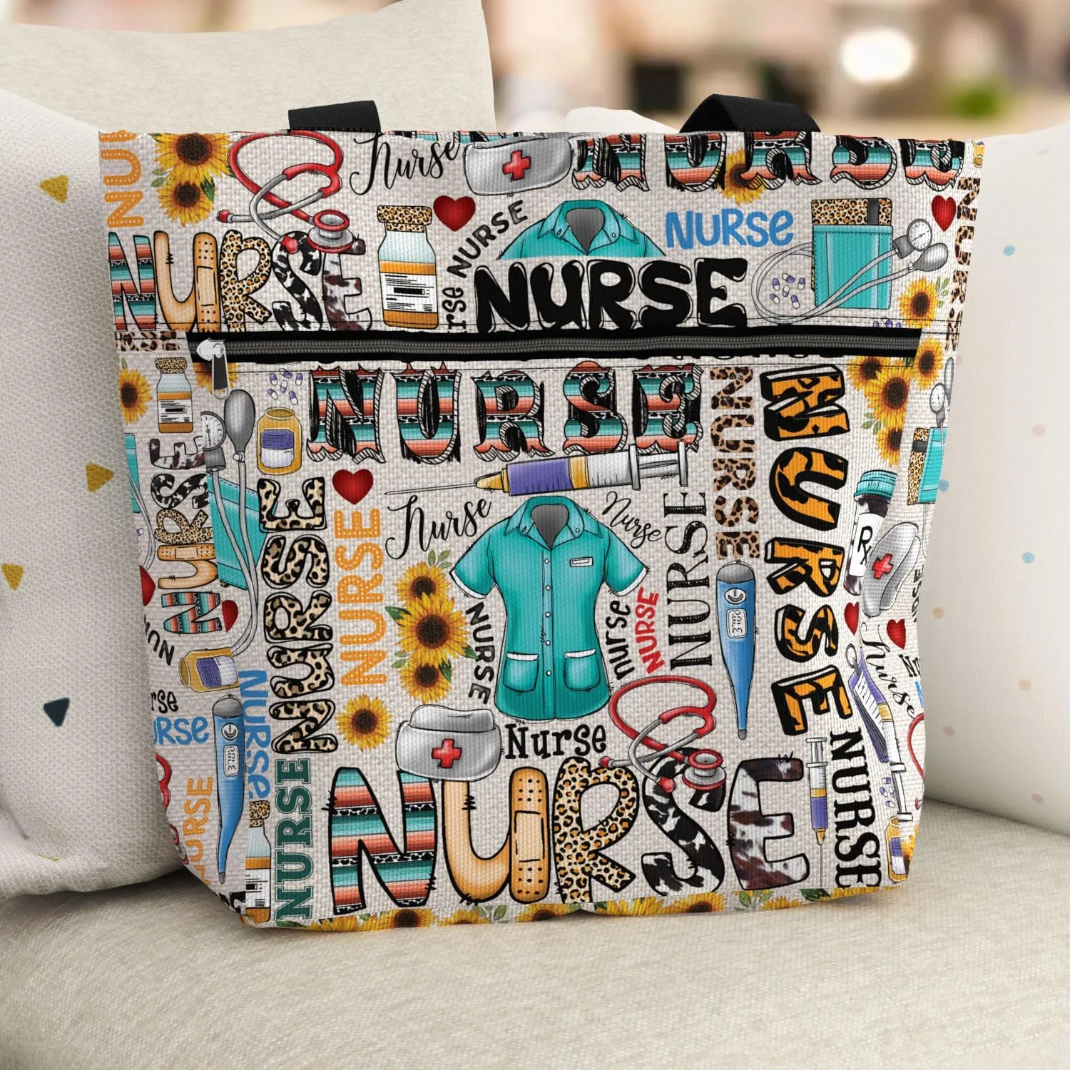 84hoods Large Waterproof Tote Bag with Pockets and Zipper for Work. Gift for Nurse. Shoulder Bag for Women.
