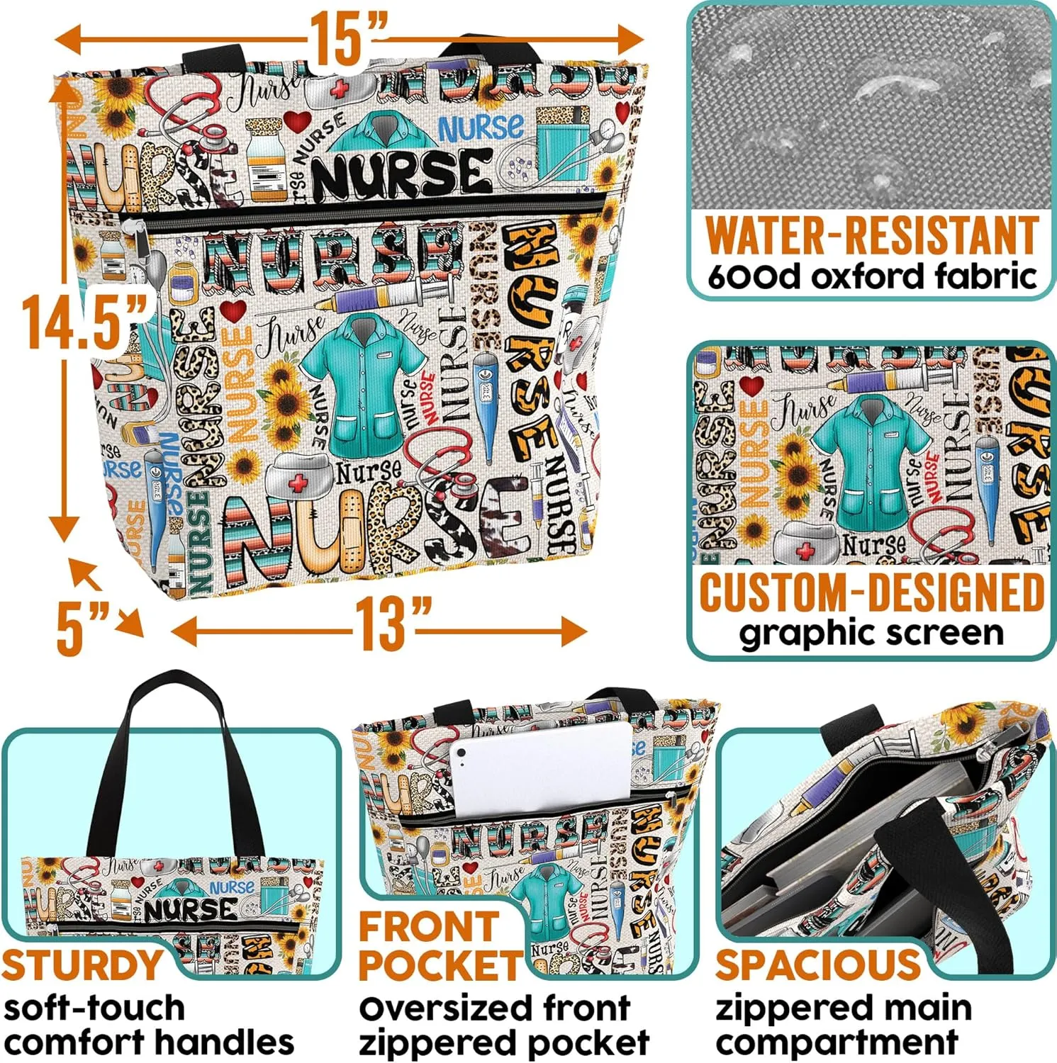 84hoods Large Waterproof Tote Bag with Pockets and Zipper for Work. Gift for Nurse. Shoulder Bag for Women.