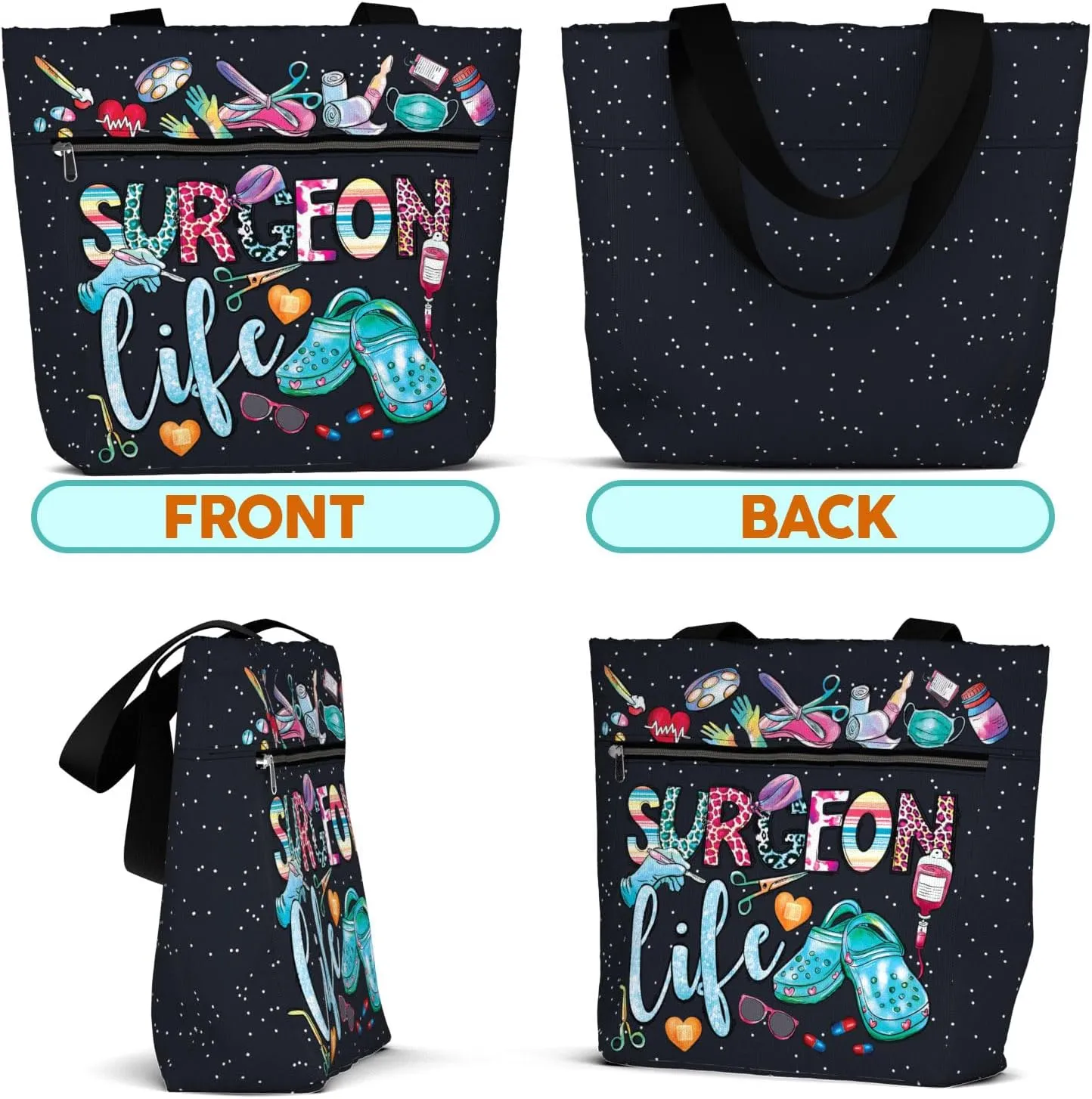 84hoods Large Waterproof Tote Bag with Pockets and Zipper for Work. Gift for Nurse. Shoulder Bag for Women.