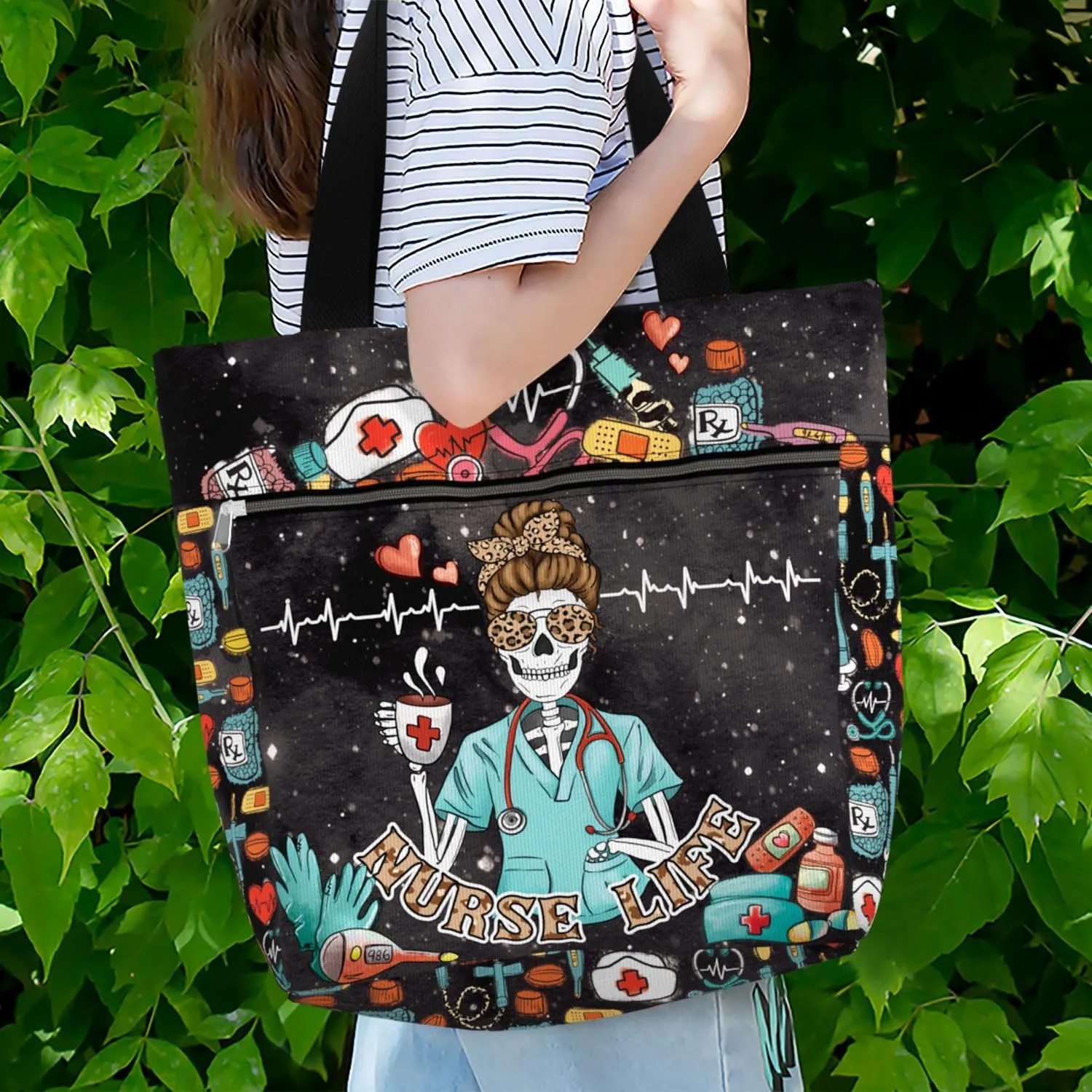 84hoods Large Waterproof Tote Bag with Pockets and Zipper for Work. Gift for Nurse. Shoulder Bag for Women.