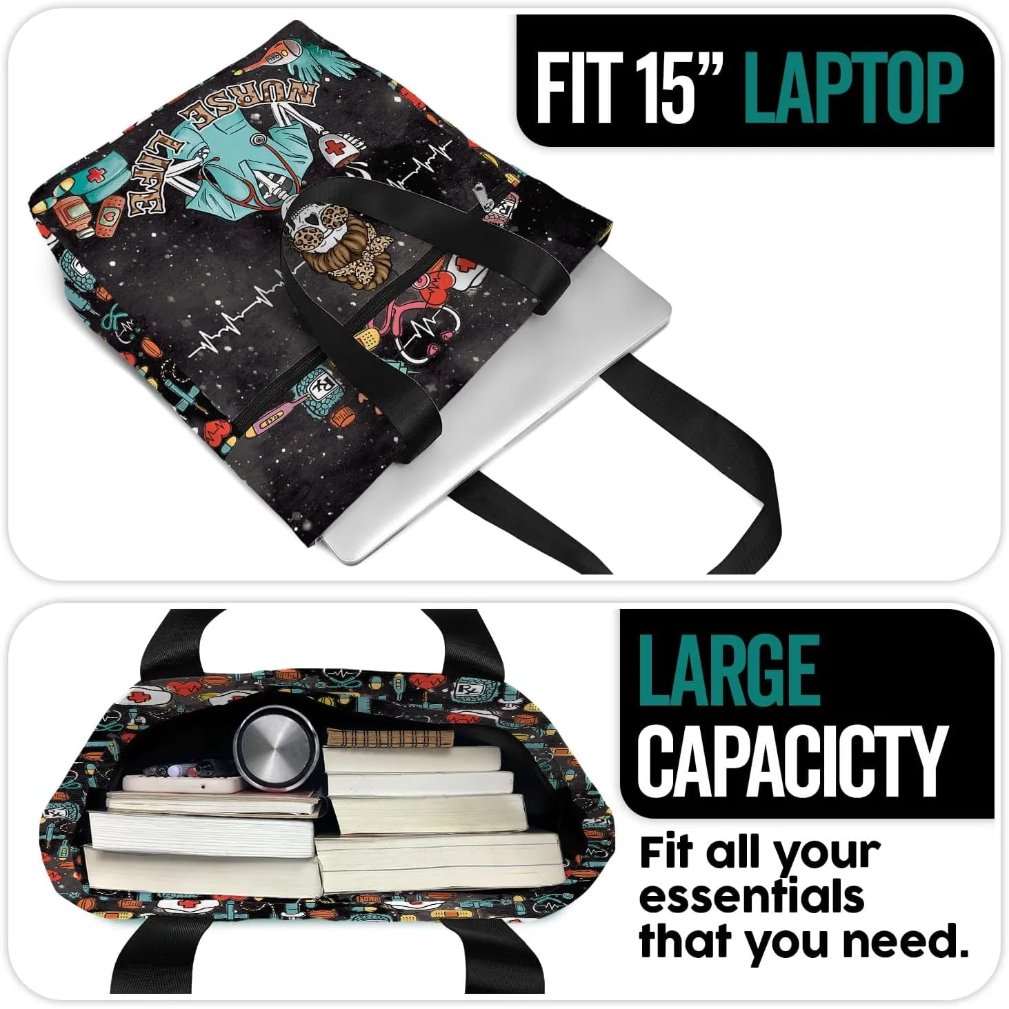 84hoods Large Waterproof Tote Bag with Pockets and Zipper for Work. Gift for Nurse. Shoulder Bag for Women.