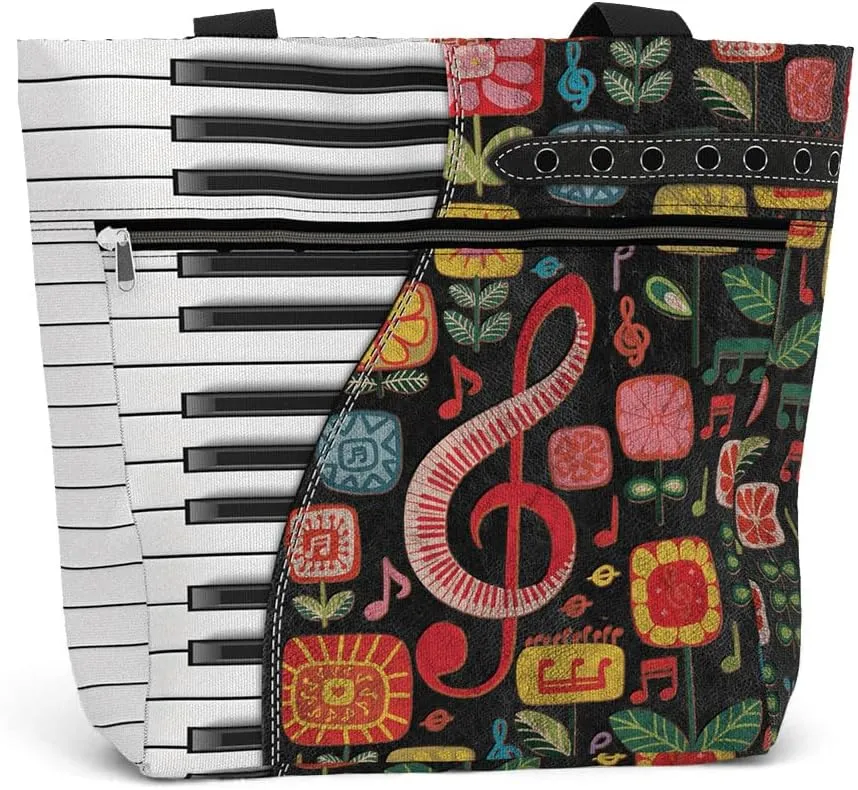 84hoods Tote Bag for Women. Large Shoulder Bag with Pockets and Zipper for Work. Gift for Piano Players, Piano Lovers.