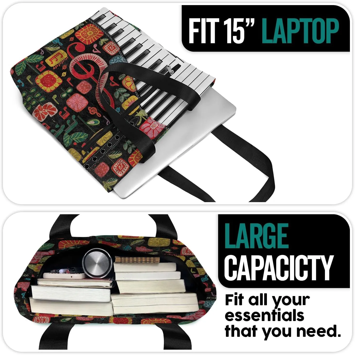 84hoods Tote Bag for Women. Large Shoulder Bag with Pockets and Zipper for Work. Gift for Piano Players, Piano Lovers.