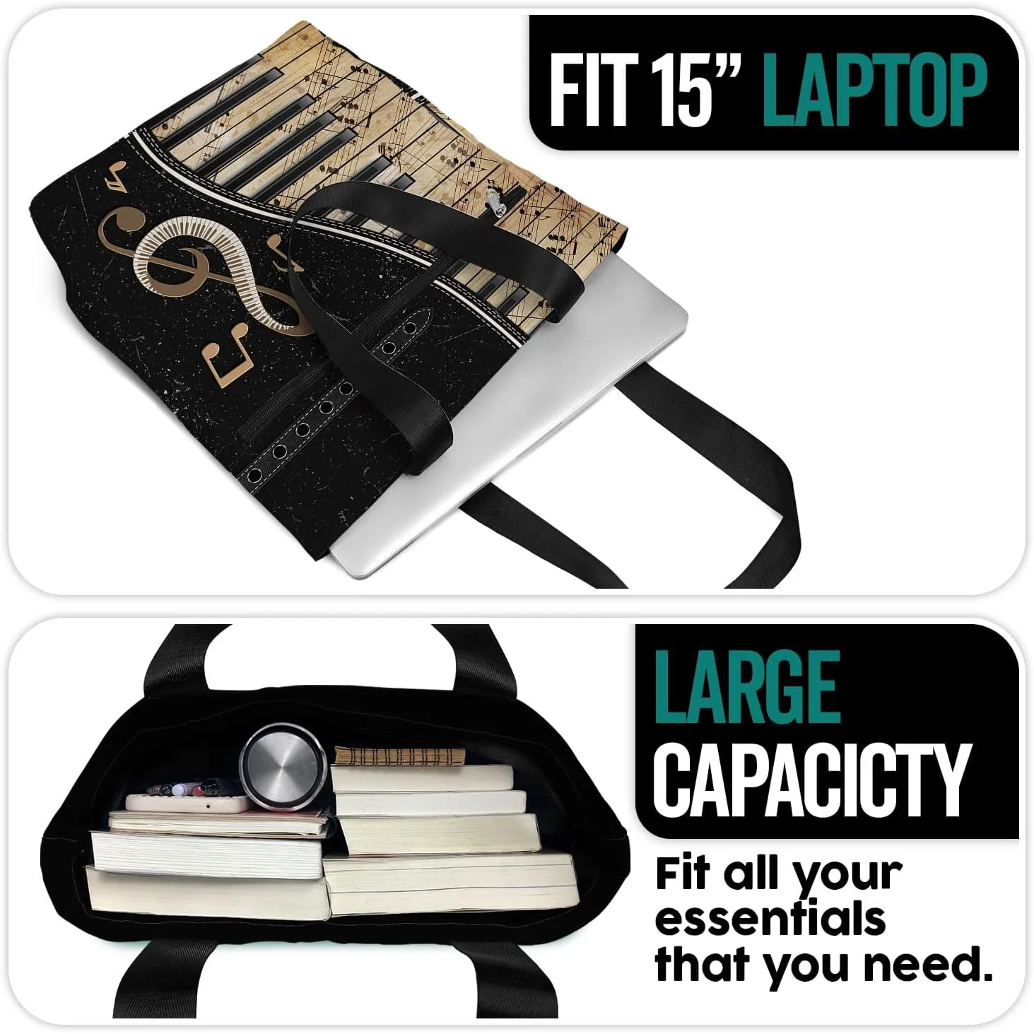 84hoods Tote Bag for Women. Large Shoulder Bag with Pockets and Zipper for Work. Gift for Piano Players, Piano Lovers.