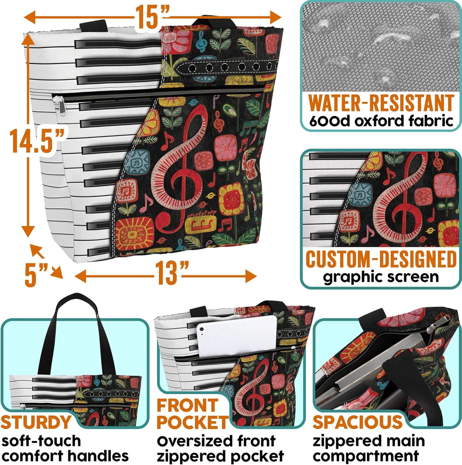 84hoods Tote Bag for Women. Large Shoulder Bag with Pockets and Zipper for Work. Gift for Piano Players, Piano Lovers.