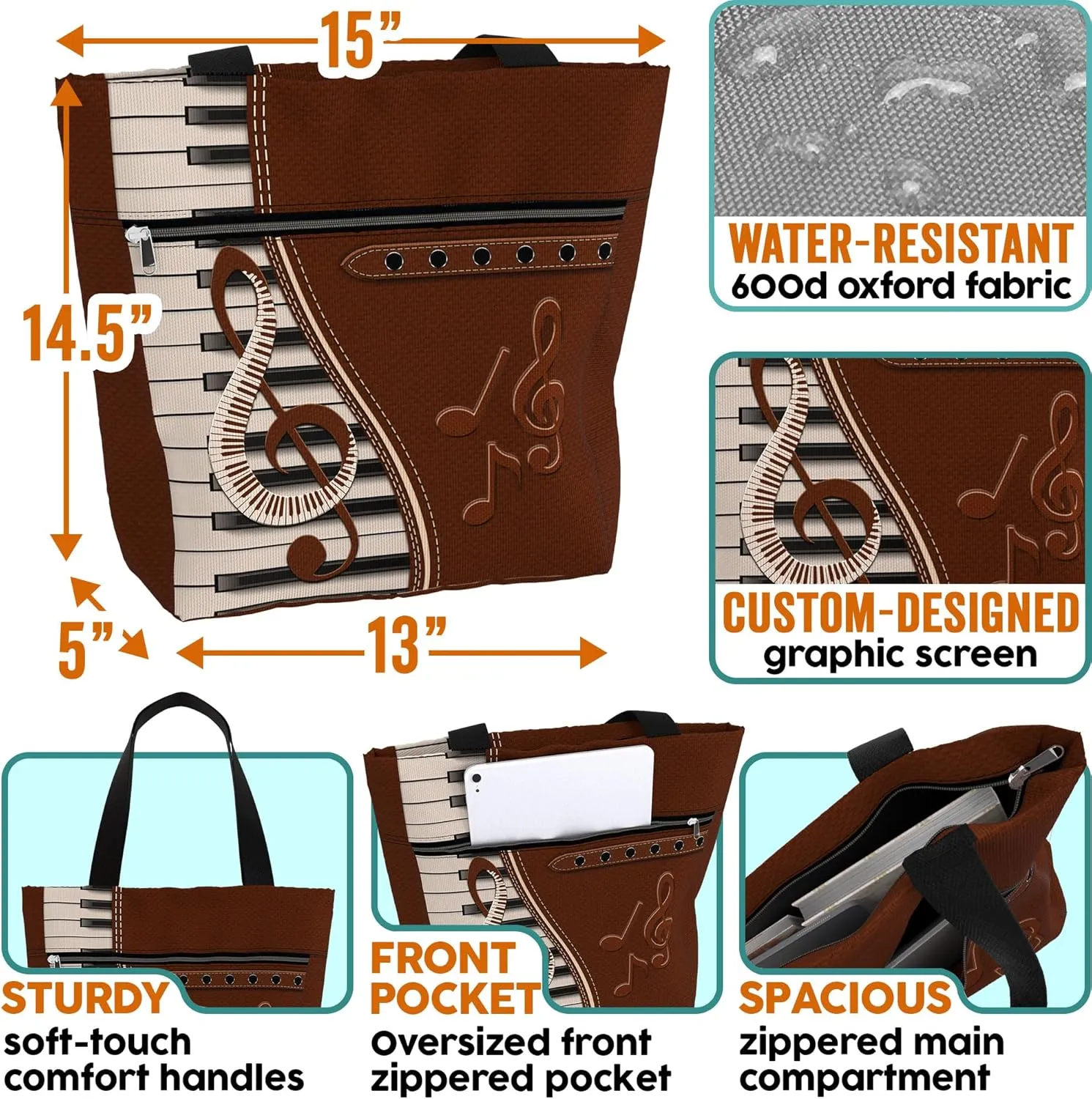 84hoods Tote Bag for Women. Large Shoulder Bag with Pockets and Zipper for Work. Gift for Piano Players, Piano Lovers.