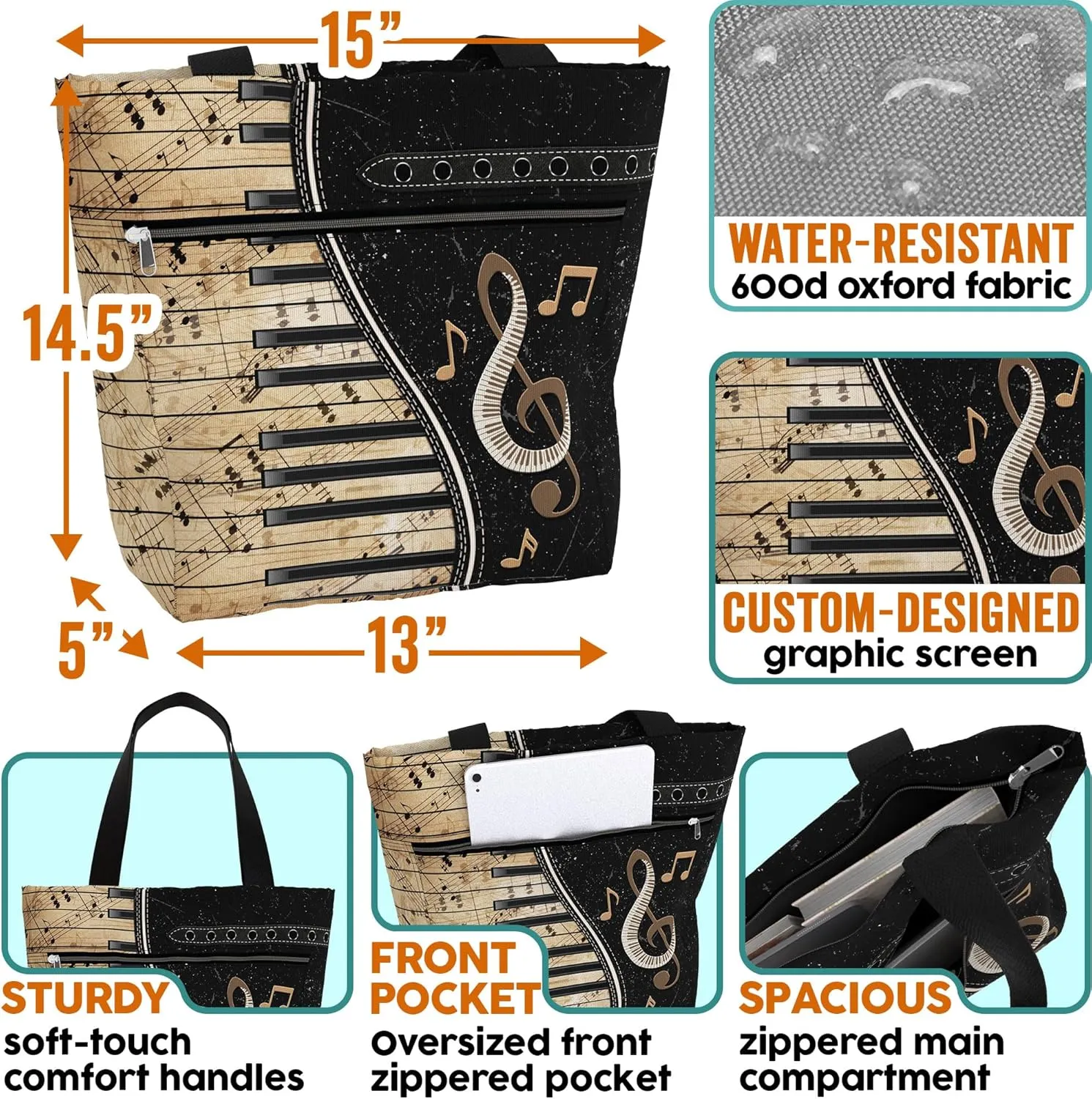 84hoods Tote Bag for Women. Large Shoulder Bag with Pockets and Zipper for Work. Gift for Piano Players, Piano Lovers.