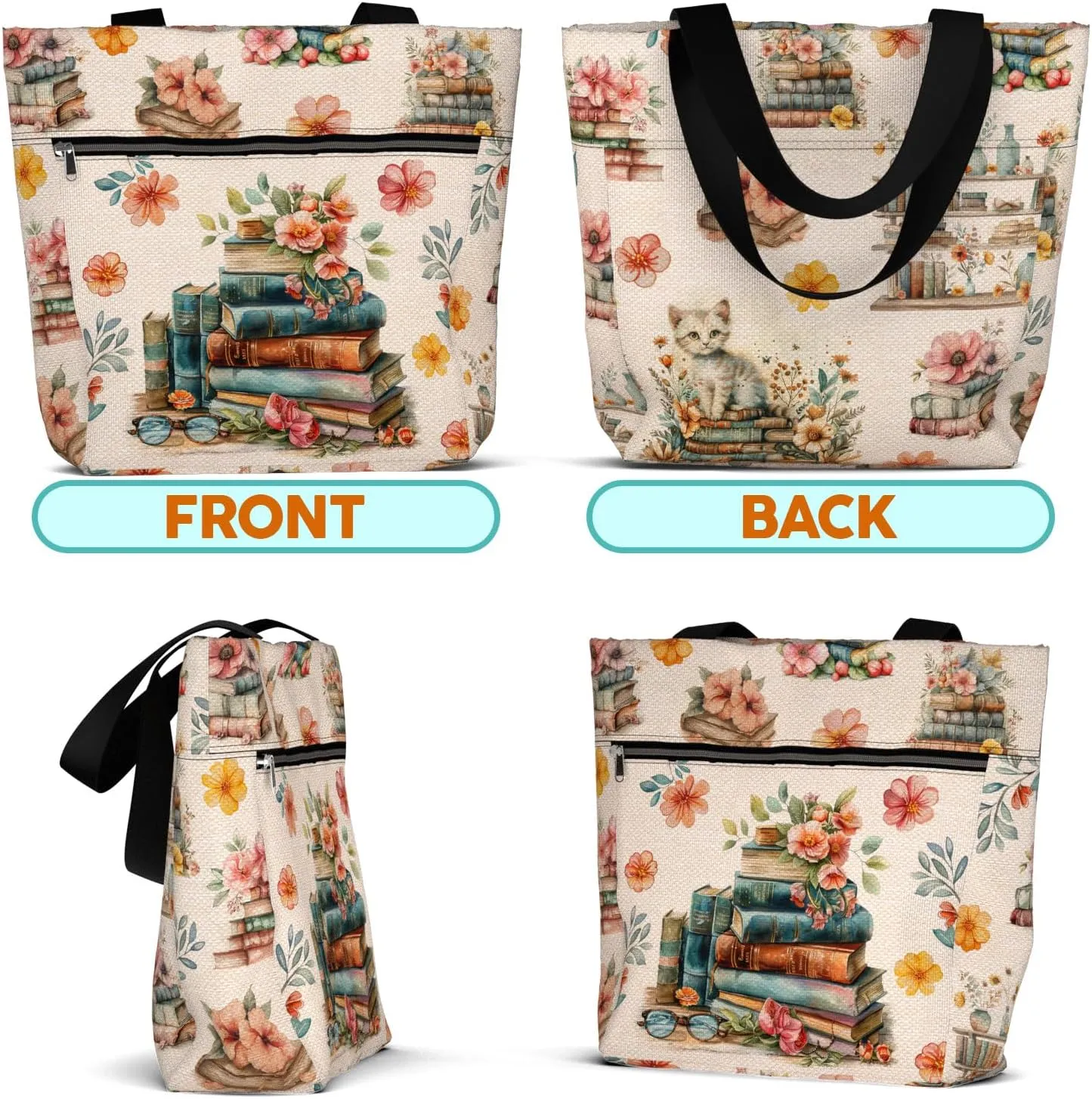 84hoods Waterproof Tote Bag with Pockets and Zipper for Work. Librarian Gift for Book Lovers. Shoulder Bag for Women.