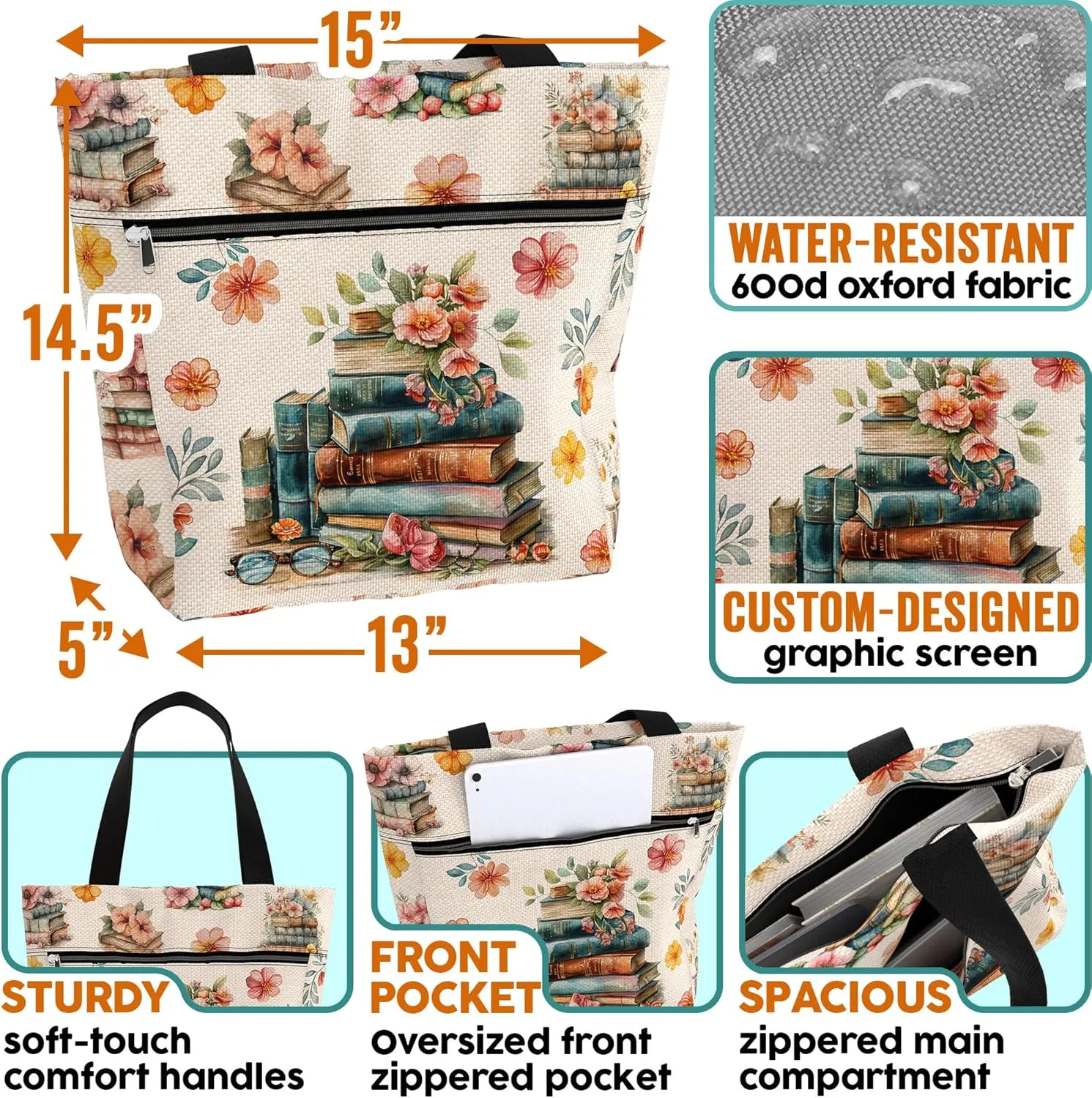 84hoods Waterproof Tote Bag with Pockets and Zipper for Work. Librarian Gift for Book Lovers. Shoulder Bag for Women.