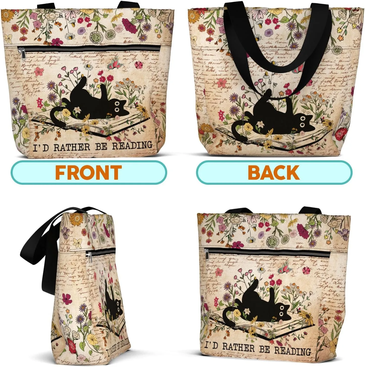 84hoods Waterproof Tote Bag with Pockets and Zipper for Work. Librarian Gift for Book Lovers. Shoulder Bag for Women.