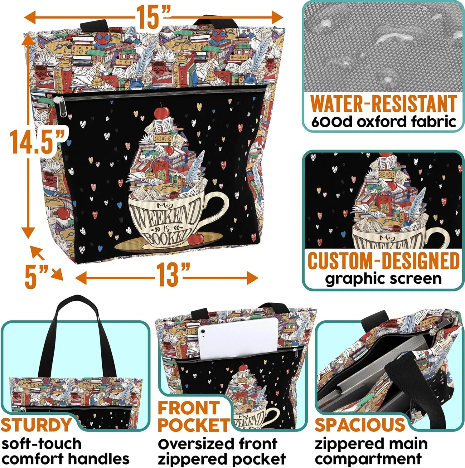 84hoods Waterproof Tote Bag with Pockets and Zipper for Work. Librarian Gift for Book Lovers. Shoulder Bag for Women.