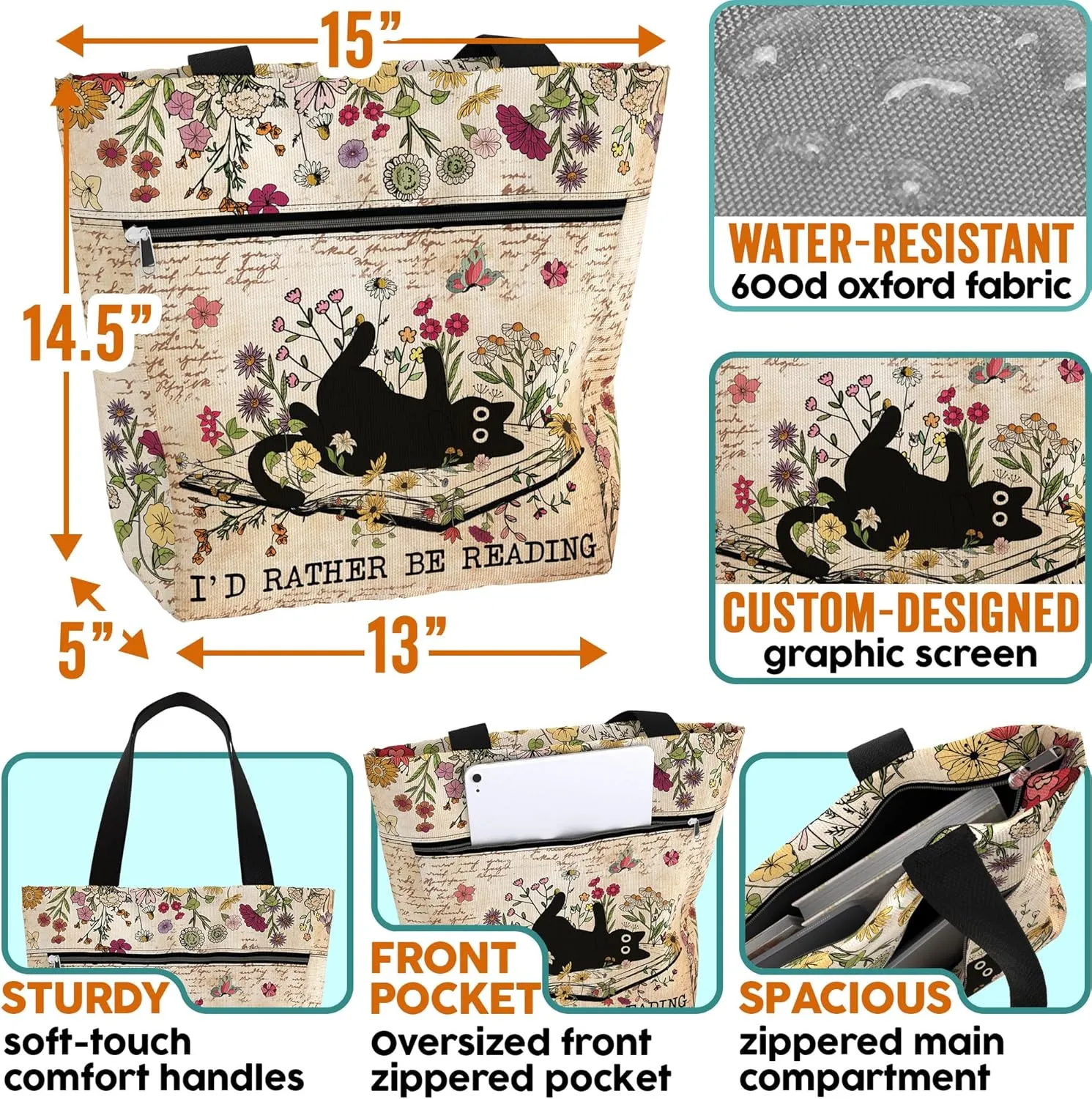 84hoods Waterproof Tote Bag with Pockets and Zipper for Work. Librarian Gift for Book Lovers. Shoulder Bag for Women.