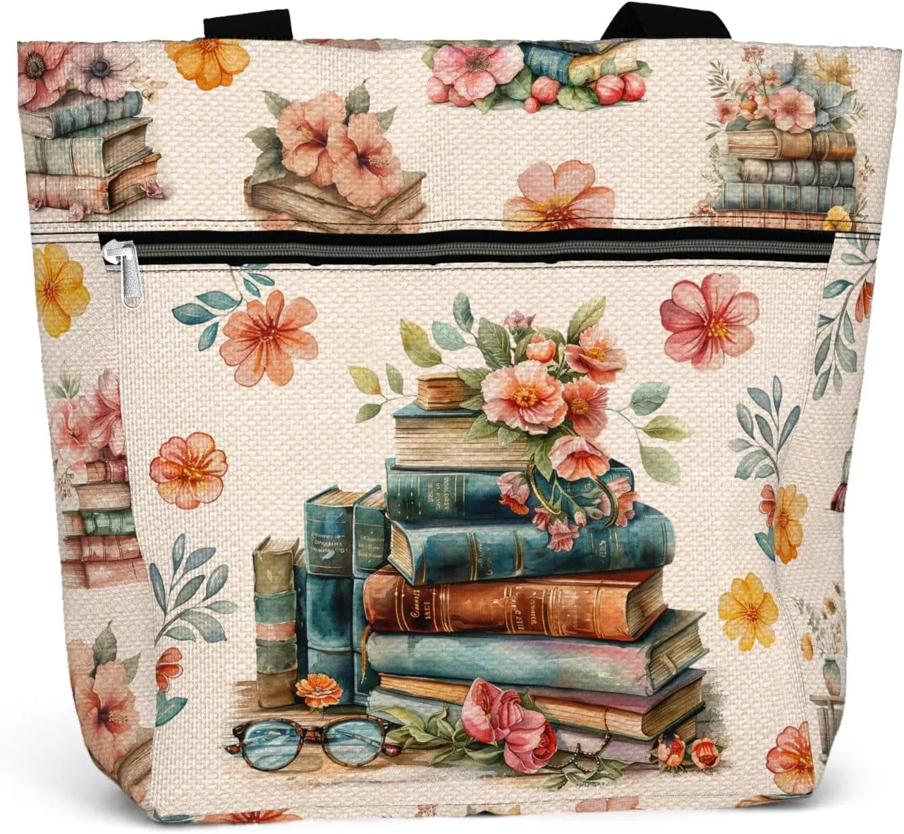 84hoods Waterproof Tote Bag with Pockets and Zipper for Work. Librarian Gift for Book Lovers. Shoulder Bag for Women.