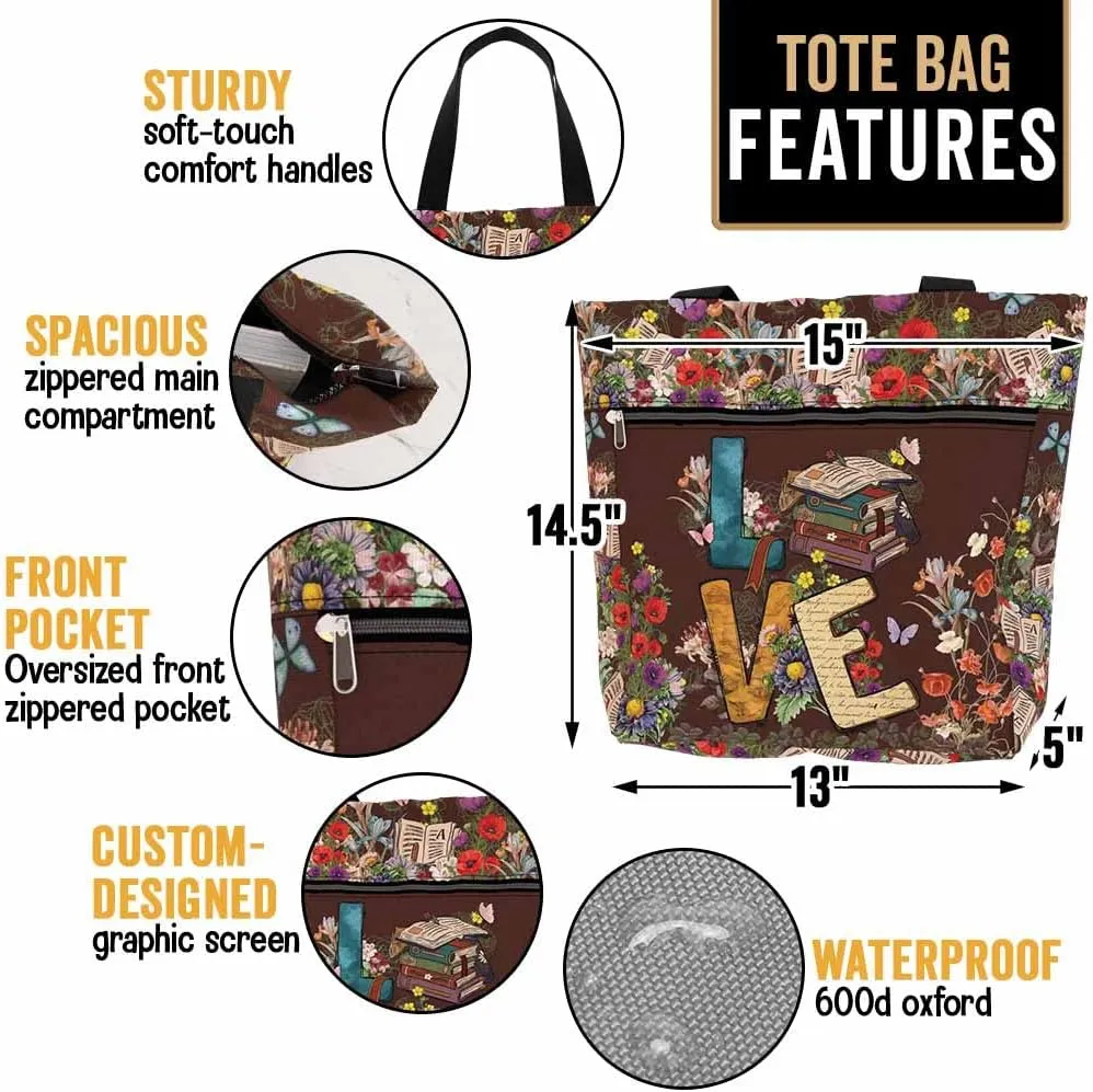 84hoods Waterproof Tote Bag with Pockets and Zipper for Work. Librarian Gift for Book Lovers. Shoulder Bag for Women.