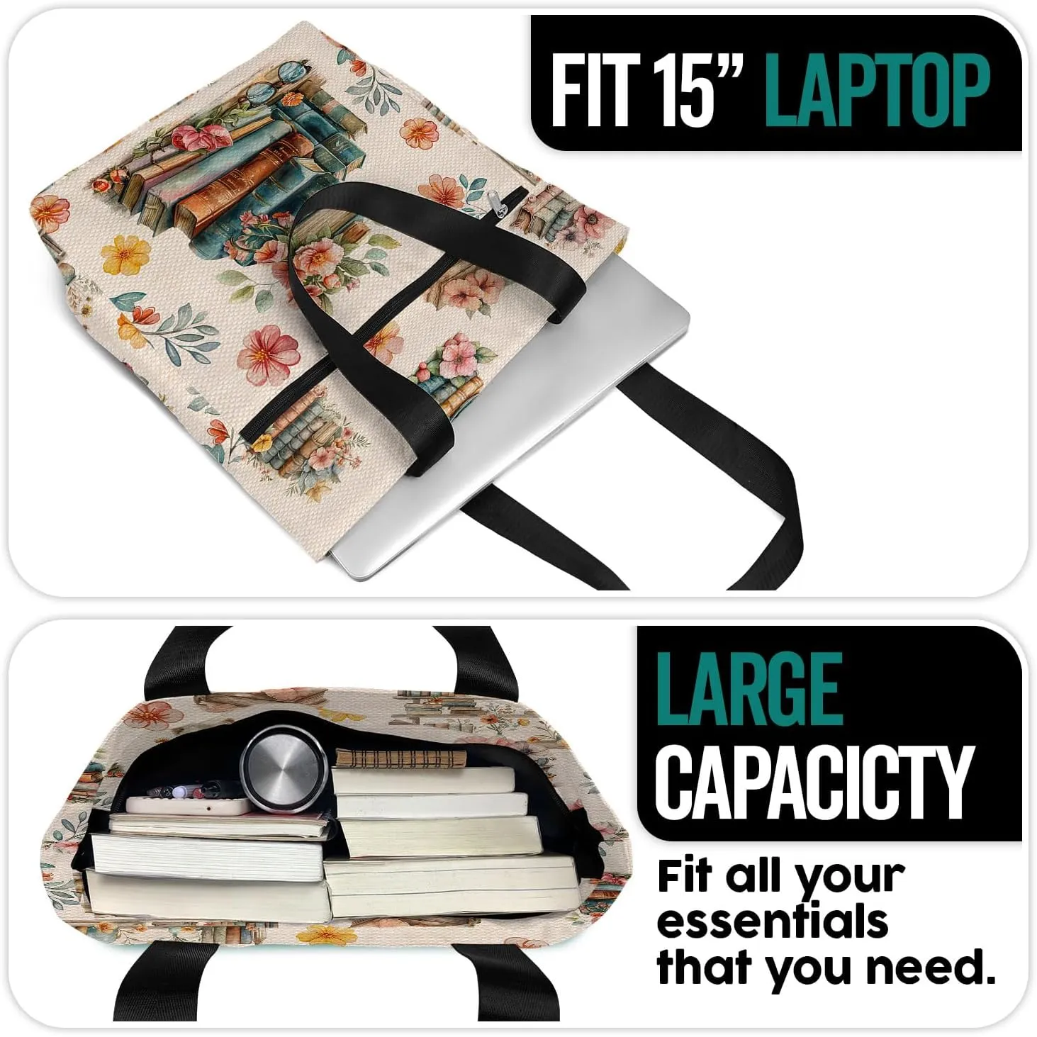 84hoods Waterproof Tote Bag with Pockets and Zipper for Work. Librarian Gift for Book Lovers. Shoulder Bag for Women.