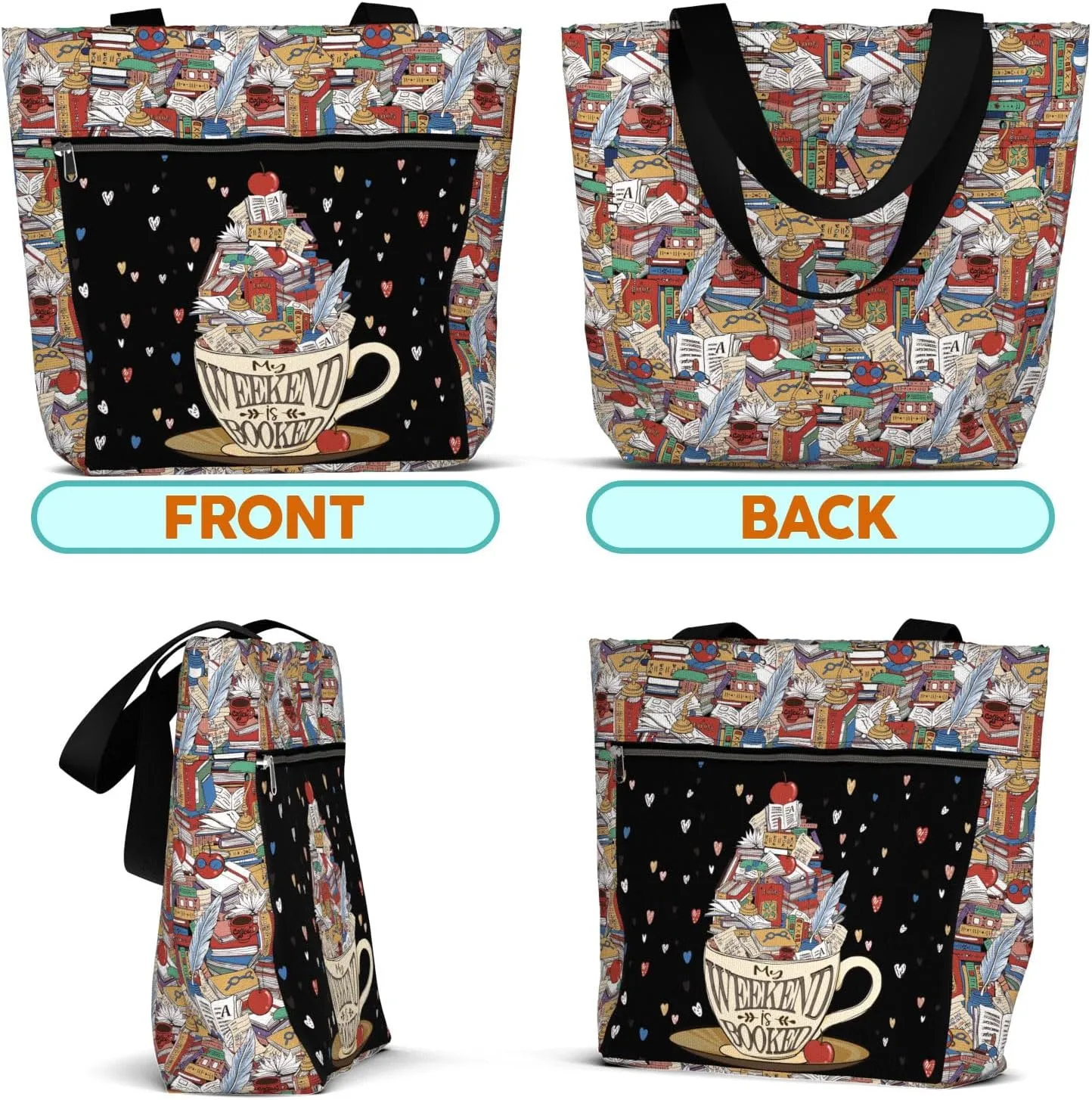 84hoods Waterproof Tote Bag with Pockets and Zipper for Work. Librarian Gift for Book Lovers. Shoulder Bag for Women.