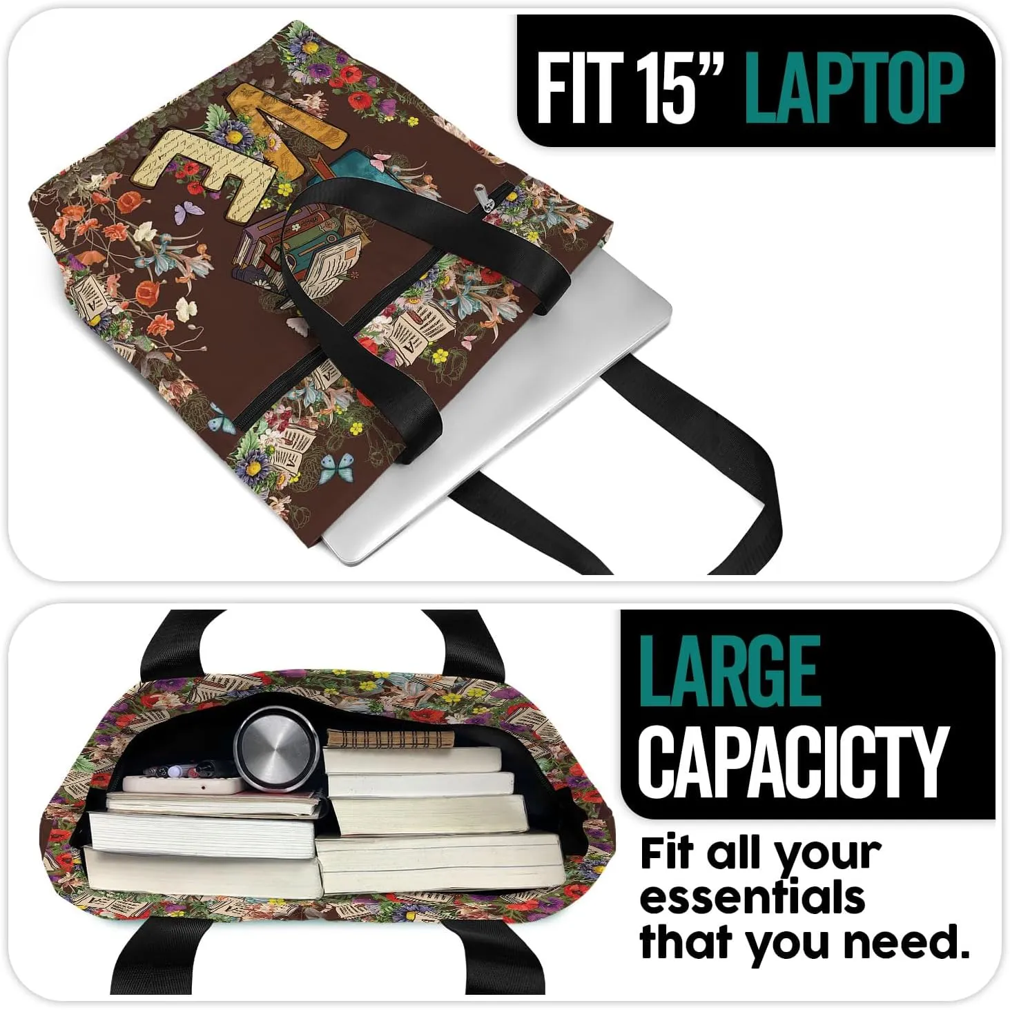 84hoods Waterproof Tote Bag with Pockets and Zipper for Work. Librarian Gift for Book Lovers. Shoulder Bag for Women.