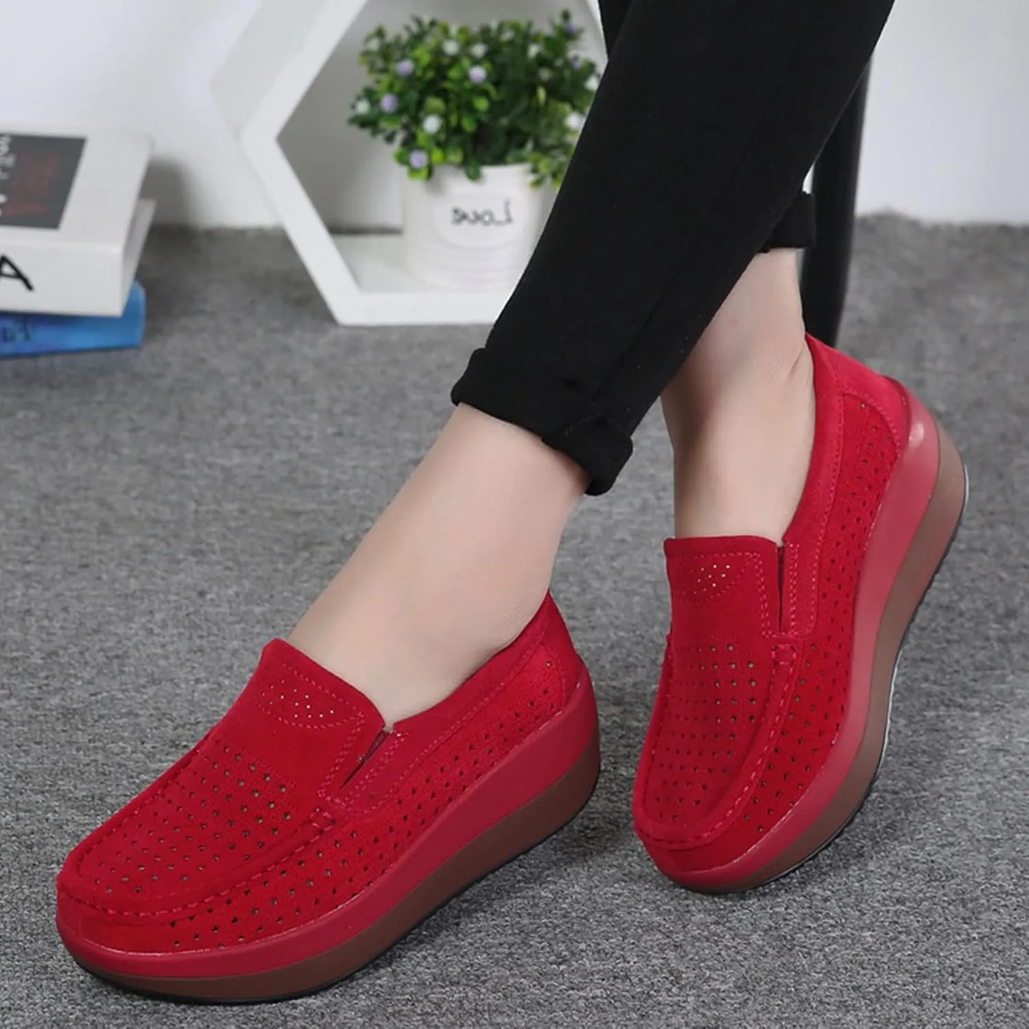 AngryMonkey Women's Fashion Platform Sneakers High Hidden Heel Wedge Moccasin Slip-on Casual Low Top Non-Slip Walking Shoes