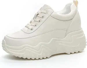 AONEGOLD Platform Sneakers High Heel Wedge Sneakers for Women Fashion Leather Chunky Sneakers Casual Walking Shoes Lace up Sneakers Increasing 3.15 inch