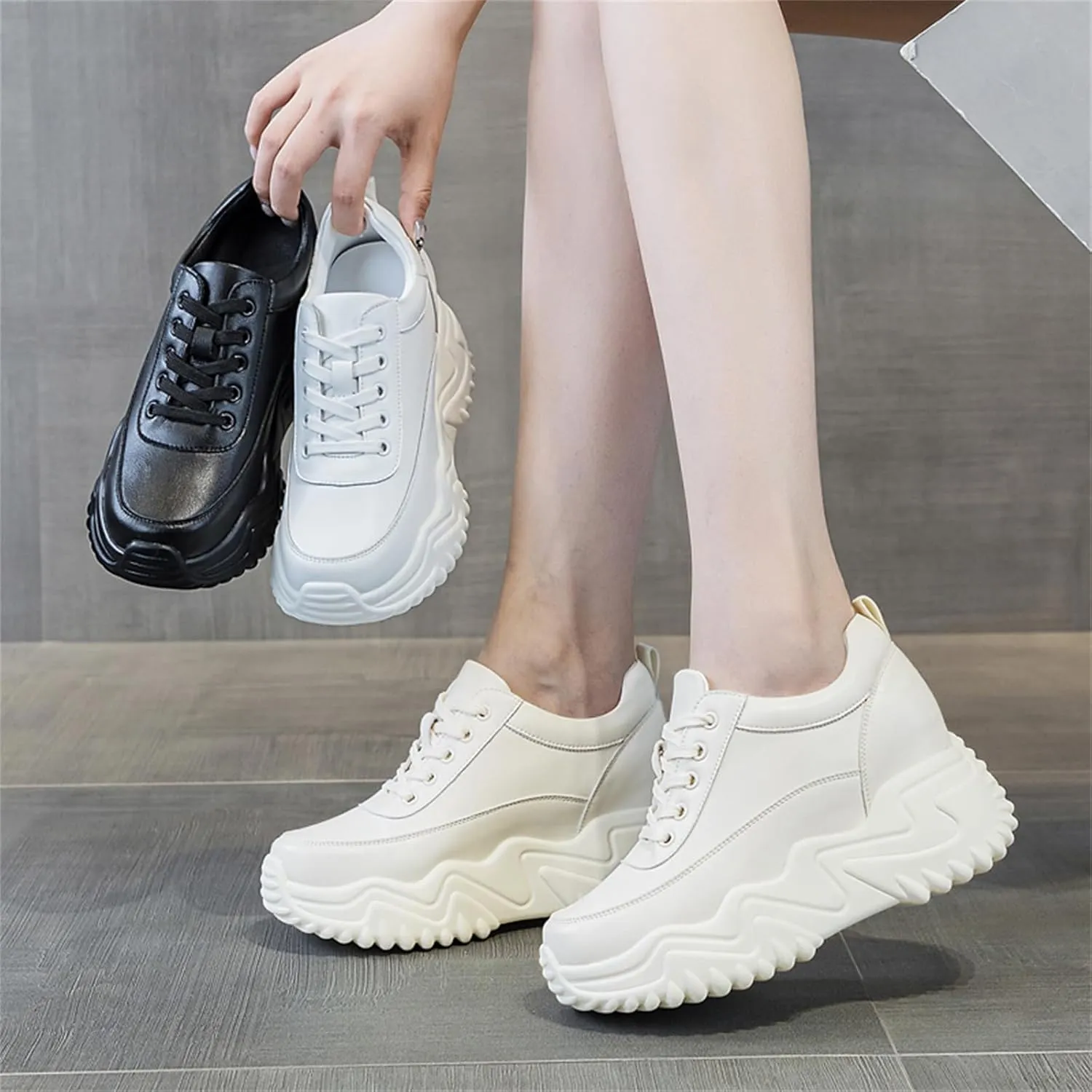 AONEGOLD Platform Sneakers High Heel Wedge Sneakers for Women Fashion Leather Chunky Sneakers Casual Walking Shoes Lace up Sneakers Increasing 3.15 inch