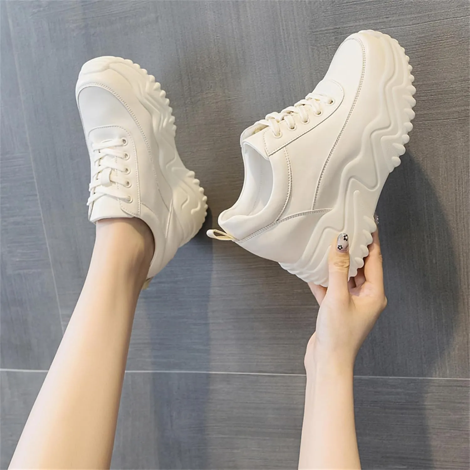 AONEGOLD Platform Sneakers High Heel Wedge Sneakers for Women Fashion Leather Chunky Sneakers Casual Walking Shoes Lace up Sneakers Increasing 3.15 inch