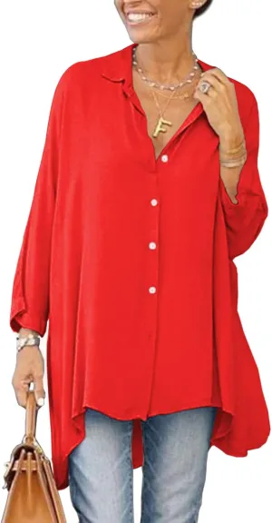 Aoysky Womens Oversized T Shirts Button Down Long Sleeve Shirt V Neck Collar Loose Flowy Blouse