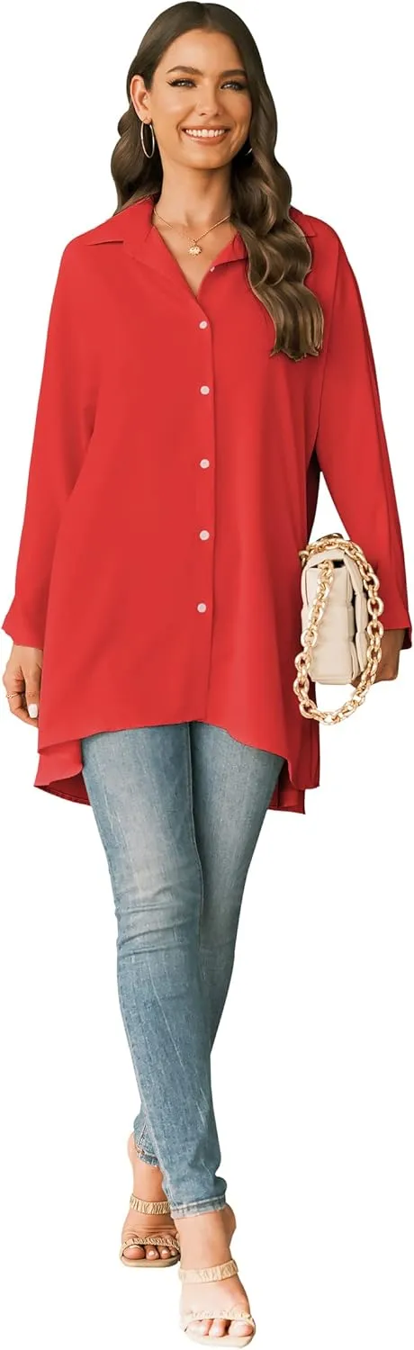 Aoysky Womens Oversized T Shirts Button Down Long Sleeve Shirt V Neck Collar Loose Flowy Blouse