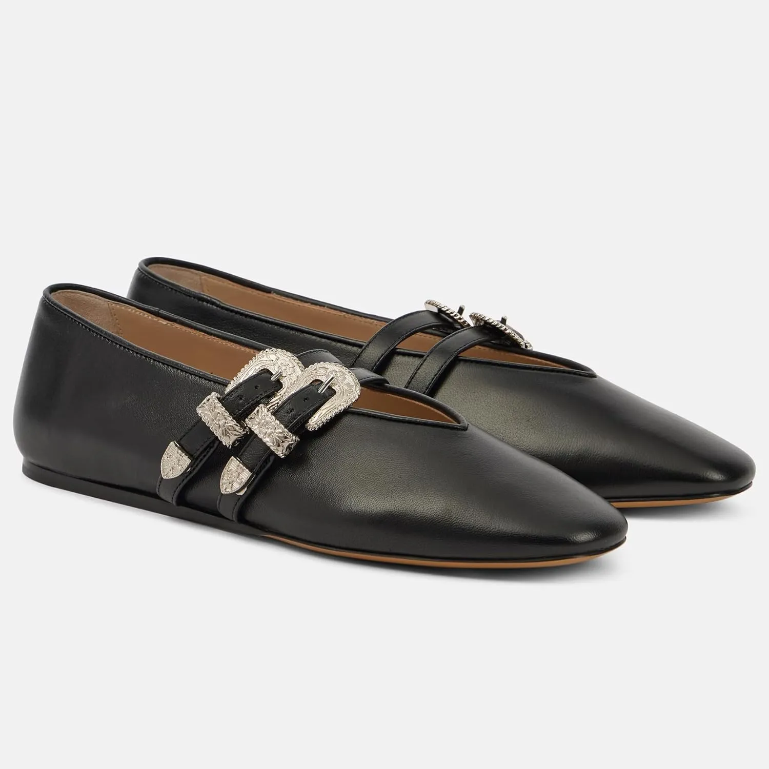 Arqa Women's Ballet Flats with Two Western Buckles Cushioned Leather Insole & Piping Dressy Comfortable Work Office Flats Wedding Ballerina Shoes