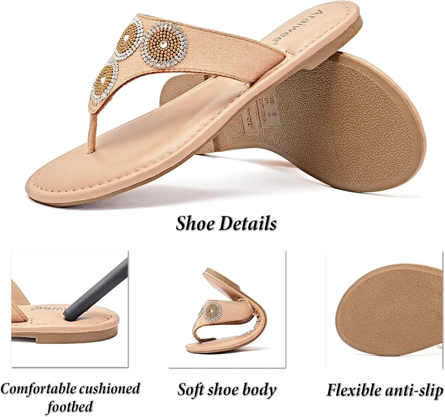 Ataiwee Women's Flat Slide Sandals - Casual Bling Bohemian Thong Slip on Summer Flat Sandals.